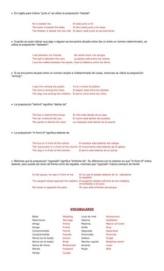 • En inglés para indicar "junto a" se utiliza la preposición 
He is beside me. í 
The book is beside the 
The theater is beside th 
• Cuando se quier indicar que algo o alguien se encuentra situado entre dos (o entre un número determinado), se 
utiliza la preposición "between": 
The ball is between the cars. La pelota está entre los coches 
I put the wallet between the books. Puse la billetera entre los libros 
• Si se encuentra situado entre un número amplio e indeterminado de cosas, entonces se utiliza la preposición 
"among": 
The bird is among the trees. El pájaro está entre los árboles 
The dog runs among the children. El perro corre entre los niños 
• La preposición "behind" significa "detrás de": 
ús 
The jacket is behind the door. La chaqueta está detrás de la puerta 
• La preposición "in front of" significa delante de: 
hool. colegio 
e ch a iglesia 
The dog is in front of the kitchen. El perro está delante de la cocina 
• Mientras que la preposición "opposite" significa "enfrente de". Su diferencia con la anterior es que "in front of" indica 
delante, pero puede ser tanto de frente como de espalda, mientras que "opposite" implica siempre de frente: 
e. (dándome 
The sargent stood opposite the soldiers. El sargento estaba enfrente de los soldados 
(mirándoles a la cara) 
My house is opposite the park. Mi casa está enfrente del parque 
VOCA 
"beside": 
El está junto a mtable.El libro está junto a la mesae city hall.El teatro está junto al ayuntamiento 
I sat between my friends.Me senté entre mis amigos 
I saw him among the public.Y 
o le vi entre el públicoEl niño está detrás de la casaEl coche está detrás del autob 
The boy is behind the house. 
The car is behind the bus. 
The bus is in front of the scEl autobús está delante del urch.El monumento está delante de l 
The monument is in front of th 
In the queue, he was in front of mEn la cola él estaba delante de míla espalda) BULARIO 
Boda Wedding Luna de miel Honeymoon 
Matrimonio Marriage Padrino Godfather 
Amigo Friend Madrina Matron of honor 
Amiga Friend Anillo Ring 
Comprometido Fiancé Separado Separated 
Comprometida Fiancé Divorced 
Novia (en la boda) Groom Soltero Single 
Novia (en la boda) Marcha nupcial rch 
Dama de honor id Amante 
Marido d Mujer 
Pareja 
eDivorciado 
BrideWedding ma 
BridesmaLoverWife 
Husban 
Couple  