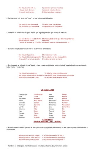 You should come with us. nosotros 
I should study Germa 
He should work harder. El debería trabajar más duro 
• Se diferencia, por tanto, de "must", ya que éste indica obligación: 
work. 
ework. s 
curra en el futuro: 
he debería aprobar sus 
I should be at home by 10 o'clock. Yo debería estar en casa antes de las 10 
• Su forma negativa es "should not" (o la abreviada "shouldn't"): 
a ir sola 
He shouldn't come back so late. El no debería volver tan tarde 
• En el pasado se utiliza la forma "should + have + past participle del verbo principal" para indicar lo que se debería 
haber hecho y no se hizo: 
neado 
She should have prepared her exams. Ella debería haber preparado sus exámenes 
My brother should have come. Mi hermano debería haber venido 
Tú deberías venir conn.Yo debería estudiar alemánYou must do your home 
Tú debes hacer tus deberes 
You should do your hom 
Tú deberías hacer tus debere 
• También se utiliza "should" para indicar que algo es probable que o 
She has studied so hard that s 
should pass her exams. 
Ella ha estudiado tanto que 
exámenes 
She shouldn't go alone. 
Ella no deberí 
You shouldn't be so disagreeable. 
Tú no deberías ser tan desagradable 
You should have called me. 
Tú deberías haberme telefo 
VOC 
ABULARIO 
Construcción Construction Yeso Plaster 
Grúa Crane Asfalto Asphalt 
Arquitecto Architect Pintor Painter 
Albañil Brick mason Electricista Electrician 
Cemento Cement o Plumber 
Hormigón Concrete Foundations 
Ladrillo Brick Losa Cornerstone 
Columna Azulejo 
Viga Tubería 
Fachada Solar 
Tejado Grieta 
Andamio Gotera 
LESSON 46 
FontanerCimientos 
Pillar 
Tile 
Beam 
Pipe 
Facing 
Site 
Roof 
Crack 
Scaffold 
Leak 
Verbos modales (V) - "Would" 
• El verbo modal "would" (pasado de "will") se utiliza acompañado del infinitivo "to like" para expresar ofrecimientos e 
invitaciones: 
Would you like a cup o ? 
Would you like to come with us? ¿ Te gustaría venir con nosotros ? 
Would he like a piece of cake? ¿ Le gustaría un trozo de pastel ? 
• También se utiliza para manifestar deseos o realizar peticiones de una manera cortés: 
f coffee?¿ Te gustaría una taza de café  