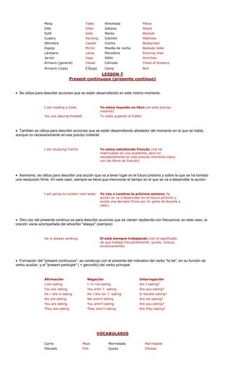 Table Almo 
Silla Chair Sábana Sheet 
Sofá Sofa Manta Blanket 
Cuadro Painting Colchón Mattress 
Alfombra Carpet Colcha Bedspread 
Espejo Mirror Bedside table 
Lámpara Lamp Mecedora Rocking chair 
air 
rio (general) rawers 
rio (ropa) et 
LESSON 7 
Mesa 
hadaPillow 
Mesilla de noche 
Jarrón 
Vase 
Sillón 
Armch 
Arma 
Closet 
Cómoda 
Chest of d 
Arma 
Clos 
Cama 
Bed 
Present nu resente con 
conti 
ous (p 
tinuo) 
• Se utiliza para ir acciones que se desa do en este mismo o: 
I am reading a book. Y do un libro (en este preciso 
You are playing football. 
nto en el que se habla, 
unque no necesariamente en ese preciso instante: 
ncés (me he 
ia, pero no 
necesariamente en este preciso momento estoy 
con los libros de francés) 
Asimismo, se utiliza para describir una acción que va a tener lugar en el futuro próximo y sobre la que se ha tomado 
una resolución firme. En este caso, siempre se tiene que mencionar el tiempo en el que se va a desarrollar la acción: 
I am going to London next week. 
futuro próximo y 
existe una decisión firme por mi parte de llevarla a 
cabo) 
Otro uso del presente continuo es para describir acciones que se vienen repitiendo con frecuencia; en este caso, la 
oración viene acompañada del adverbio "always" (siempre): 
He is always working. 
trabaja frecuentemente, quizás, incluso, 
excesivamente) 
sente del indicativo del verbo "to be", en su función de 
erbo auxiliar, y el "present participle" ( = gerundio) del verbo principal. 
Afirmación Negaci 
I am eating I´m not eating Am I eating? 
You are eating You aren´t eating Are you eating? 
Are we eating? 
You are eating You aren't eating Are you eating? 
They are eating They aren't eating Are they eating? 
LARIO 
describ 
están 
rrollan 
moment 
o estoy leyeninstante) Tú estás jugando al futbol 
• a 
También se utiliza para describir acciones que se están desarrollando alrededor del mome 
I am studying French. 
Yo estoy estudiando framatriculado en una academ 
• 
Yo voy a Londres la próxima semana (la acción se va a desarrollar en el 
• 
El está siempre trabajando (con el significado de que 
Formación del "present continuous": se construye con el pre 
• v 
ónInterrogación 
He / she is eatingHe / she isn´t eatingIs he/she eating? We are eatingWe aren't eating 
VOCABU 
Me elada 
Pescado Fish Queso Cheese 
Carne 
atMerm 
Marmalade  