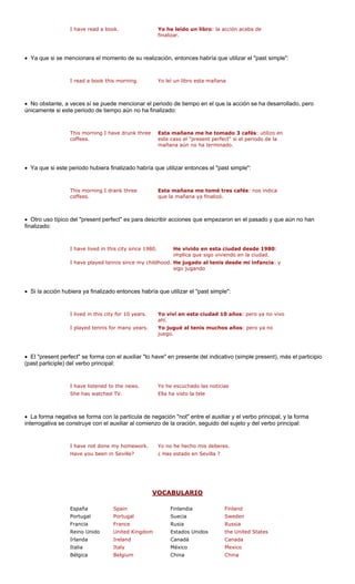 I have read a book. Yo he leído un libro: la acción acaba de
finalizar.
• Ya que si se mencionara el momento de su realiz e":
I read a book this morning. Yo leí un libro esta mañana
• No obstante, a veces sí se puede mencionar el periodo de tiempo en el que la acción se ha desarrollado, pero
únicamente si es aún no ha fin
mañana aún no ha terminado.
Ya que si este periodo hubiera finalizado habría que utilizar entonces el "past simple":
coffees.
ñana me tomé tres cafés: nos indica
que la mañana ya finalizó.
• Otro uso típico ent perfect" es para desc e aún no han
finalizado:
e 1980:
implica que sigo viviendo en la ciudad.
I have played tennis since my childhood. He jugado al tenis desde mi infancia: y
• Si la acción hubiera ya finalizado entonces habría que utilizar el "past simple":
I lived in this city for 10 years. Yo viví en esta ciudad 10 años: pero ya no vivo
ahí.
Yo ju
juego.
El "present perfect" se forma con el auxiliar "to have" en presente del indicativo (simple present), más el participio
(past participle) del verbo principal:
I have listened to the news. Yo he escuchado las noticias
La forma negativa se forma con la partícula de ne "not" entre el auxiliar y el verbo principal, y la forma
terrogativa se construye con el auxiliar al comienzo de la oración, seguido del sujeto y del verbo principal:
homework. Yo no he hecho mis deberes.
Have you been in Seville? ¿ Has estado en Sevilla ?
ación, entonces habría que utilizar el "past simpl
te periodo de tiempo alizado:
This morning I have drunk three
coffees.
Esta mañana me he tomado 3 cafés: utilizo en
este caso el "present perfect" si el periodo de la
•
This morning I drank three Esta ma
del "pres ribir acciones que empezaron en el pasado y qu
I have lived in this city since 1980. He vivido en esta ciudad desd
sigo jugando
I played tennis for many years. gué al tenis muchos años: pero ya no
•
She has watched TV. Ella ha visto la tele
•
in
gación
I have not done my
VOCABULARIO
España Spain Finlandia Finland
Portugal Portugal Suecia Sweden
sia
ngdom the United States
Irlanda Ireland Canadá Canada
Italia Italy México Mexico
Bélgica Belgium China China
Francia France Rusia Rus
Reino Unido United Ki Estados Unidos
 