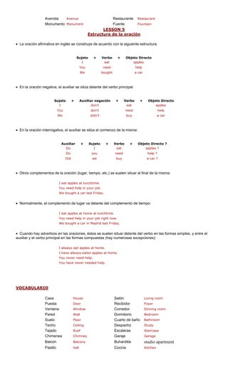 Avenida Avenue rante rant
ent
LESS
Restau Restau
Monumento Monum Fuente Fountain
ON 5
Estructura acióde la or n
• La oración afirmativa en ing nstruye de acuerdo iguient
to + Verbo bjeto
I apples
You
We bought a car
• En la oración negativa, el auxiliar se sitúa delante del verbo principal:
Sujeto + lia ga + Verbo Objeto Directo
I n't eat apples
You don't need help
We didn't buy a car
• En la oración interrogativa, el auxiliar se sitúa al comienzo de la misma:
x r + S + rbo bjeto Dir
D apples
Do you need help ?
Did we buy a car ?
• Otros complementos de la oración (lugar, tiempo, etc.) se suelen situar al final de la misma:
I eat apples lunchtim
You ne e in you .
We ht
chtime.
ght now.
st Friday.
en las formas simples, y entre el
):
VOCABULARIO
lés se co con la s e estructura:
Suje + O Directo
eat
need help
Auxi r ne ción +
do
Au ilia ujeto Ve + O ecto ?
o I eat ?
at e.
ed h
boug
lp
a car last
r job
Friday.
• Normalmente, el complemento de lugar va delante del complemento de tiempo:
I eat apples at home at lun
You need help in your job ri
We bought a car in Madrid la
• Cuando hay adverbios en las oraciones, éstos se suelen situar delante del verbo
uxiliar y el verbo principal en las formas compuestas (hay numerosas excepcionesa
I always eat apples at home.
I have always eaten apples at home.
You never need help.
You have never needed help.
Casa House Salón Living room
Puesta Door Recibidor Foyer
Ventana Window Comedor Dinning room
Pared Wall Dormitorio Bedroom
lo Floor Cuarto de baño Bathroom
Techo Ceiling Despacho Study
as
a ney e
ent
Sue
Tejado Roof Escaler Staircase
Chimene Chim Garaje Garag
Balcón Balcony Buhardilla studio apartm
Pasillo hall Cocina Kitchen
 