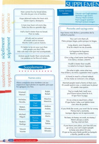 IL
-
l) Q)
~ u
- ·-a u
e e
.Q) Q)
Q o_
ro ro
.+-" .+-"
e e
Q) Q)
E EQ) Q)
- -Q o...
Q o...
:J :J
rJ'j rJ'j
...~fJ=f.la;I:
,
Man cannot live by bread alone.
No sólo de pan vive el hombre.
Hope deferred makes the heart sick.
Quien espera, desespera.
A man may learn wit every day.
Todos los días se aprende algo.
Half a loaf is better than no bread.
Peor es nada.
All talk and no action/
al! mouth and no trousers.
Mucho ruido y pocas nueces.
lt's better to be on your own than
with people you don't like.
Más vale estar solo que mal acompañado.
Actions speak louder than voice/words.
Las palabras se las lleva el viento.
• • • • • • • • • • • •
Names extra
Ahora conocerás otros nombres con sus
respectivos equivalentes en español, para que
los agregues a tu lista.
Emanuel.
Manuel.
Nicholas.
Nicolás.
Robert.
Roberto.
Michael.
Miguel.
Roderic
Rodrigo
Vincent
Vicente
Peter
Pedro
Paul
Pablo
Patrick.
Patricio.
Thomas.
Tomás.
Samuel.
Samuel.
two hundred a nd eighty-eight
Ralph.
Rafael.
Maurice.
Mauricio.
Andrew.
Andrés.
Marius.
Mario.
Toby.
Tobías.
Silvester.
Silvestre.
Sorne famous
names
PPLEMEN
Vincent van Gogh (painter)
Nicholas Cage (actor)
Thomas Mann (writer)
Paul Gauguin (painter)
Michael Jackson (singer)
Proverbs and sayings extra
Aquí tienes más dichos y proverbios de la
sabiduría popular.
You can't win them all.
Palos porque bogas, palos porque no bogas.
Long absent, soon forgotten.
Si te he visto/vi no me acuerdo.
Let bygones be bygones.
Borrón y cuenta nueva.
Give a dog a bad name (and hang it).
Cría fama y échate a dormir.
Health is better than wealth.
La salud es la mayor riqueza.
Do what is right, come what may.
Haz el bien y no mires a quien/sin mirar a quién.
A friend in need is a friend indeed.
En las malas se conocen a los amigos.
Married people need a home of their own.
El casado quiere casa, y costal para la plaza/
el casado casa quiere.
You've made bed, (and) now
you'll have to/you ·must lie in it.
El que hace la paga.
lt's no crime to steal from a thief.
El que hurta/ roba a un ladrón tiene
cien años de perdón.
lf you think the worst, you won't be far wrong
Piensa mal y acertarás,
(aunque alguna vez te equivocarás).
No bees, no honey¡ no work, no money /
there's always a catch.
No hay miel sin hiel.
lf you leave your place, you lose it/if you
go away, you can't expect people
to keep your place for you.
El que se fue para Quito perdió su banquitc
a Sevilla, perdió su silla.
 