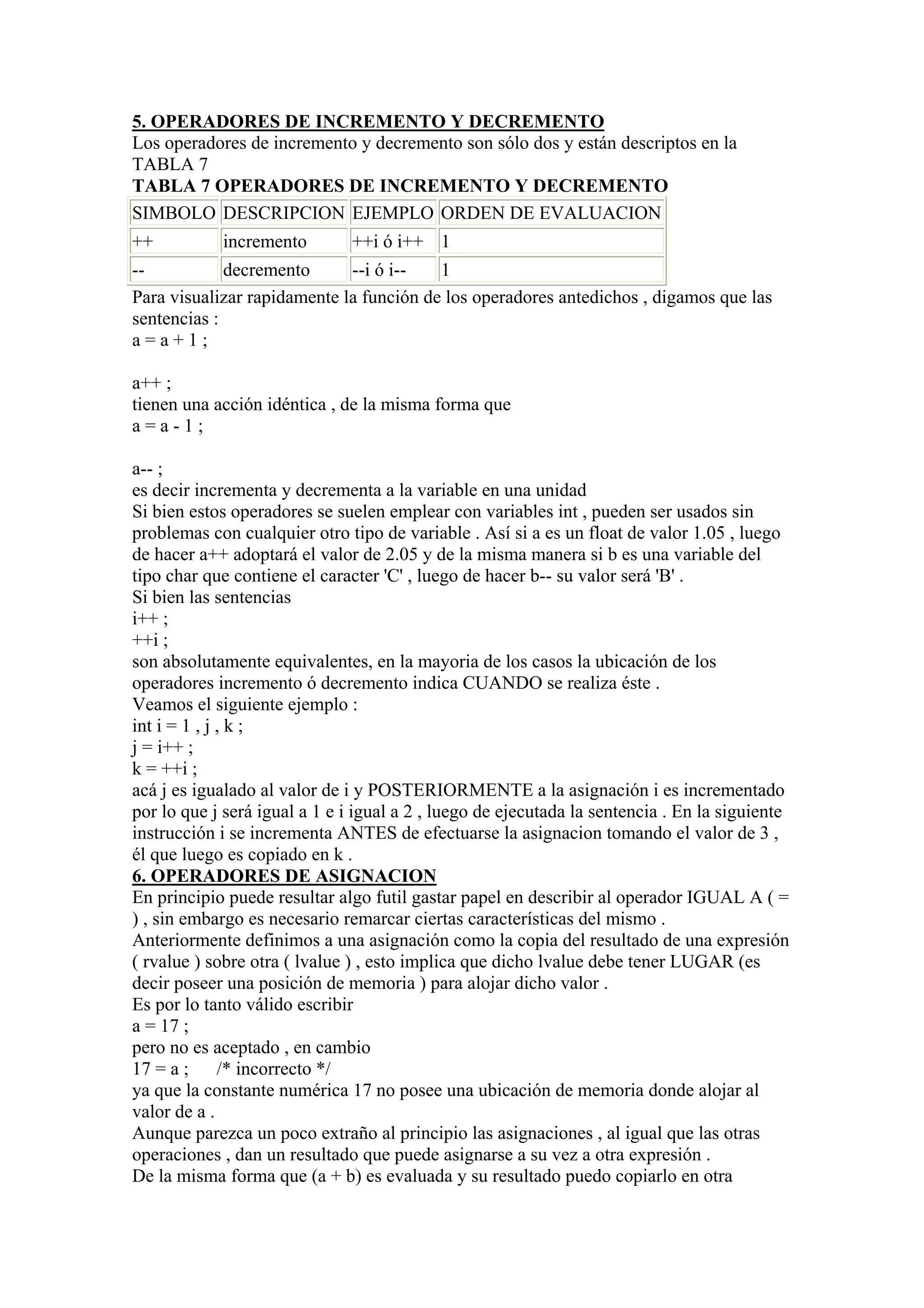 5. OPERADORES DE INCREMENTO Y DECREMENTO
Los operadores de incremento y decremento son sólo dos y están descriptos en la
TABLA 7
TABLA 7 OPERADORES DE INCREMENTO Y DECREMENTO
SIMBOLO DESCRIPCION EJEMPLO ORDEN DE EVALUACION
++          incremento         ++i ó i++ 1
--           decremento      --i ó i--   1
Para visualizar rapidamente la función de los operadores antedichos , digamos que las
sentencias :
a=a+1;

a++ ;
tienen una acción idéntica , de la misma forma que
a=a-1;

a-- ;
es decir incrementa y decrementa a la variable en una unidad
Si bien estos operadores se suelen emplear con variables int , pueden ser usados sin
problemas con cualquier otro tipo de variable . Así si a es un float de valor 1.05 , luego
de hacer a++ adoptará el valor de 2.05 y de la misma manera si b es una variable del
tipo char que contiene el caracter 'C' , luego de hacer b-- su valor será 'B' .
Si bien las sentencias
i++ ;
++i ;
son absolutamente equivalentes, en la mayoria de los casos la ubicación de los
operadores incremento ó decremento indica CUANDO se realiza éste .
Veamos el siguiente ejemplo :
int i = 1 , j , k ;
j = i++ ;
k = ++i ;
acá j es igualado al valor de i y POSTERIORMENTE a la asignación i es incrementado
por lo que j será igual a 1 e i igual a 2 , luego de ejecutada la sentencia . En la siguiente
instrucción i se incrementa ANTES de efectuarse la asignacion tomando el valor de 3 ,
él que luego es copiado en k .
6. OPERADORES DE ASIGNACION
En principio puede resultar algo futil gastar papel en describir al operador IGUAL A ( =
) , sin embargo es necesario remarcar ciertas características del mismo .
Anteriormente definimos a una asignación como la copia del resultado de una expresión
( rvalue ) sobre otra ( lvalue ) , esto implica que dicho lvalue debe tener LUGAR (es
decir poseer una posición de memoria ) para alojar dicho valor .
Es por lo tanto válido escribir
a = 17 ;
pero no es aceptado , en cambio
17 = a ; /* incorrecto */
ya que la constante numérica 17 no posee una ubicación de memoria donde alojar al
valor de a .
Aunque parezca un poco extraño al principio las asignaciones , al igual que las otras
operaciones , dan un resultado que puede asignarse a su vez a otra expresión .
De la misma forma que (a + b) es evaluada y su resultado puedo copiarlo en otra
 
