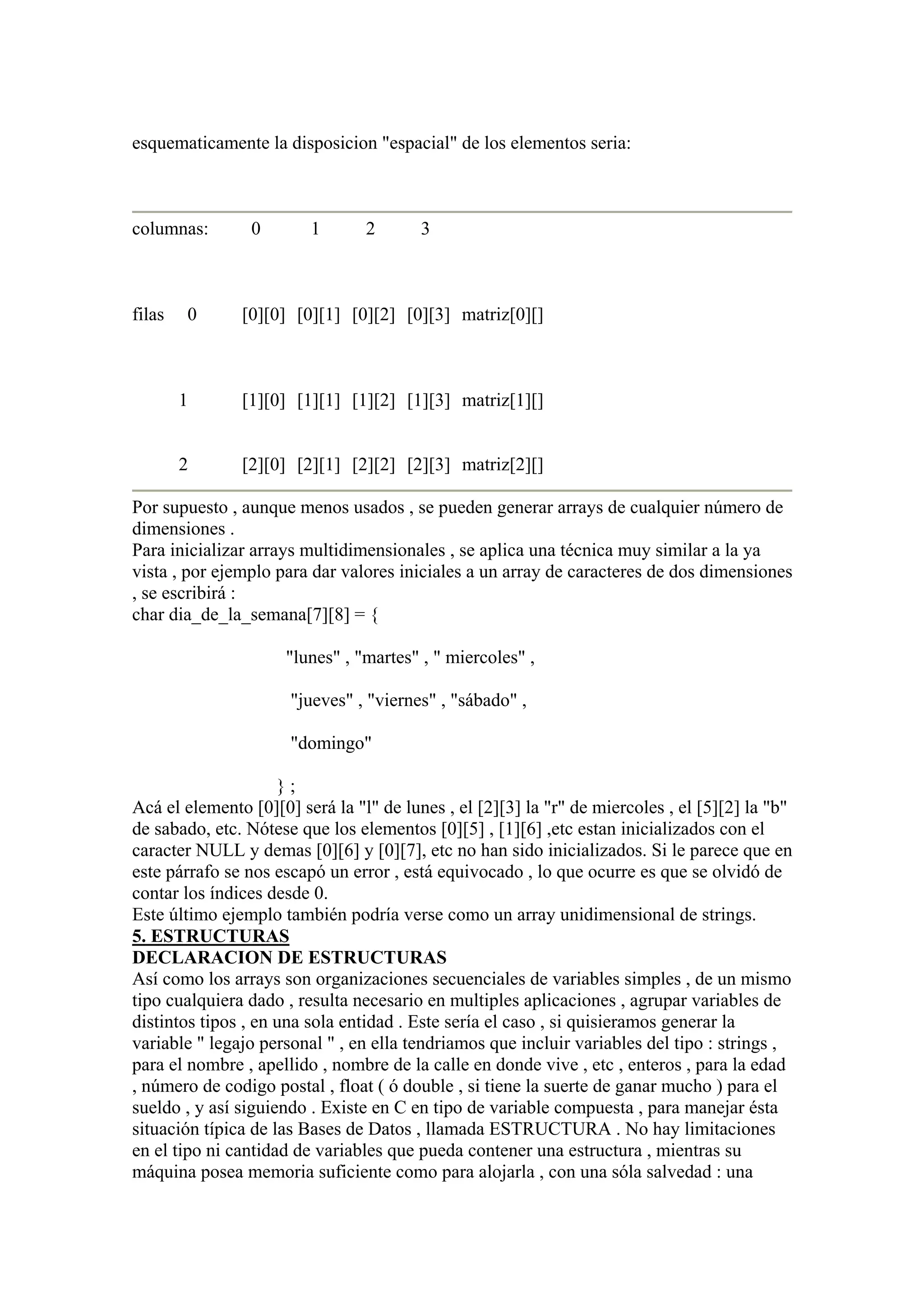esquematicamente la disposicion "espacial" de los elementos seria:



columnas:       0        1       2       3



filas   0      [0][0] [0][1] [0][2] [0][3] matriz[0][]



        1      [1][0] [1][1] [1][2] [1][3] matriz[1][]


        2      [2][0] [2][1] [2][2] [2][3] matriz[2][]

Por supuesto , aunque menos usados , se pueden generar arrays de cualquier número de
dimensiones .
Para inicializar arrays multidimensionales , se aplica una técnica muy similar a la ya
vista , por ejemplo para dar valores iniciales a un array de caracteres de dos dimensiones
, se escribirá :
char dia_de_la_semana[7][8] = {

                     "lunes" , "martes" , " miercoles" ,

                      "jueves" , "viernes" , "sábado" ,

                      "domingo"

                     };
Acá el elemento [0][0] será la "l" de lunes , el [2][3] la "r" de miercoles , el [5][2] la "b"
de sabado, etc. Nótese que los elementos [0][5] , [1][6] ,etc estan inicializados con el
caracter NULL y demas [0][6] y [0][7], etc no han sido inicializados. Si le parece que en
este párrafo se nos escapó un error , está equivocado , lo que ocurre es que se olvidó de
contar los índices desde 0.
Este último ejemplo también podría verse como un array unidimensional de strings.
5. ESTRUCTURAS
DECLARACION DE ESTRUCTURAS
Así como los arrays son organizaciones secuenciales de variables simples , de un mismo
tipo cualquiera dado , resulta necesario en multiples aplicaciones , agrupar variables de
distintos tipos , en una sola entidad . Este sería el caso , si quisieramos generar la
variable " legajo personal " , en ella tendriamos que incluir variables del tipo : strings ,
para el nombre , apellido , nombre de la calle en donde vive , etc , enteros , para la edad
, número de codigo postal , float ( ó double , si tiene la suerte de ganar mucho ) para el
sueldo , y así siguiendo . Existe en C en tipo de variable compuesta , para manejar ésta
situación típica de las Bases de Datos , llamada ESTRUCTURA . No hay limitaciones
en el tipo ni cantidad de variables que pueda contener una estructura , mientras su
máquina posea memoria suficiente como para alojarla , con una sóla salvedad : una
 