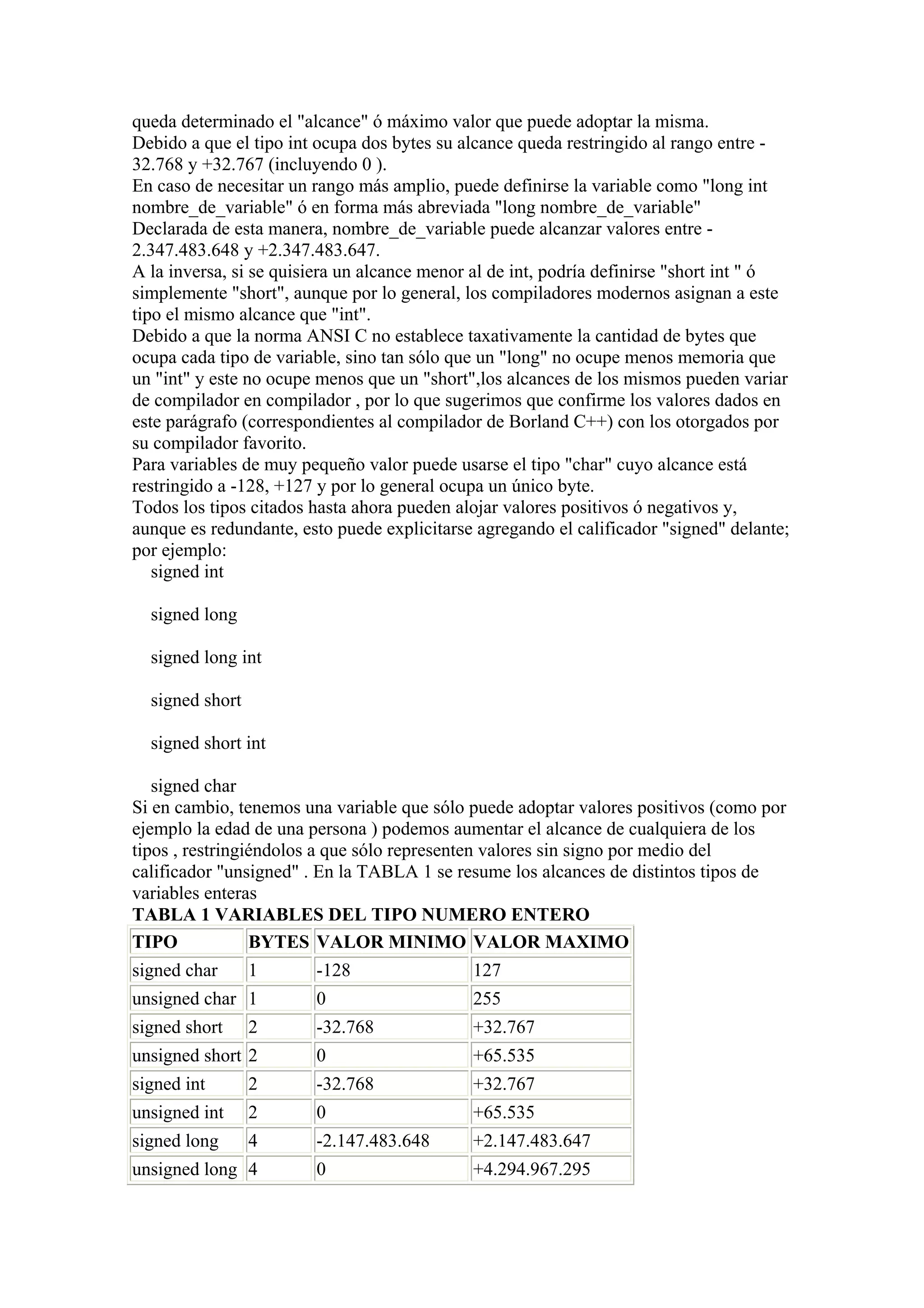 queda determinado el "alcance" ó máximo valor que puede adoptar la misma.
Debido a que el tipo int ocupa dos bytes su alcance queda restringido al rango entre -
32.768 y +32.767 (incluyendo 0 ).
En caso de necesitar un rango más amplio, puede definirse la variable como "long int
nombre_de_variable" ó en forma más abreviada "long nombre_de_variable"
Declarada de esta manera, nombre_de_variable puede alcanzar valores entre -
2.347.483.648 y +2.347.483.647.
A la inversa, si se quisiera un alcance menor al de int, podría definirse "short int " ó
simplemente "short", aunque por lo general, los compiladores modernos asignan a este
tipo el mismo alcance que "int".
Debido a que la norma ANSI C no establece taxativamente la cantidad de bytes que
ocupa cada tipo de variable, sino tan sólo que un "long" no ocupe menos memoria que
un "int" y este no ocupe menos que un "short",los alcances de los mismos pueden variar
de compilador en compilador , por lo que sugerimos que confirme los valores dados en
este parágrafo (correspondientes al compilador de Borland C++) con los otorgados por
su compilador favorito.
Para variables de muy pequeño valor puede usarse el tipo "char" cuyo alcance está
restringido a -128, +127 y por lo general ocupa un único byte.
Todos los tipos citados hasta ahora pueden alojar valores positivos ó negativos y,
aunque es redundante, esto puede explicitarse agregando el calificador "signed" delante;
por ejemplo:
   signed int

  signed long

  signed long int

  signed short

  signed short int

   signed char
Si en cambio, tenemos una variable que sólo puede adoptar valores positivos (como por
ejemplo la edad de una persona ) podemos aumentar el alcance de cualquiera de los
tipos , restringiéndolos a que sólo representen valores sin signo por medio del
calificador "unsigned" . En la TABLA 1 se resume los alcances de distintos tipos de
variables enteras
TABLA 1 VARIABLES DEL TIPO NUMERO ENTERO
TIPO             BYTES VALOR MINIMO VALOR MAXIMO
signed char      1      -128                 127
unsigned char 1         0                    255
signed short     2      -32.768              +32.767
unsigned short 2        0                    +65.535
signed int       2      -32.768              +32.767
unsigned int     2      0                    +65.535
signed long      4      -2.147.483.648       +2.147.483.647
unsigned long 4         0                    +4.294.967.295
 