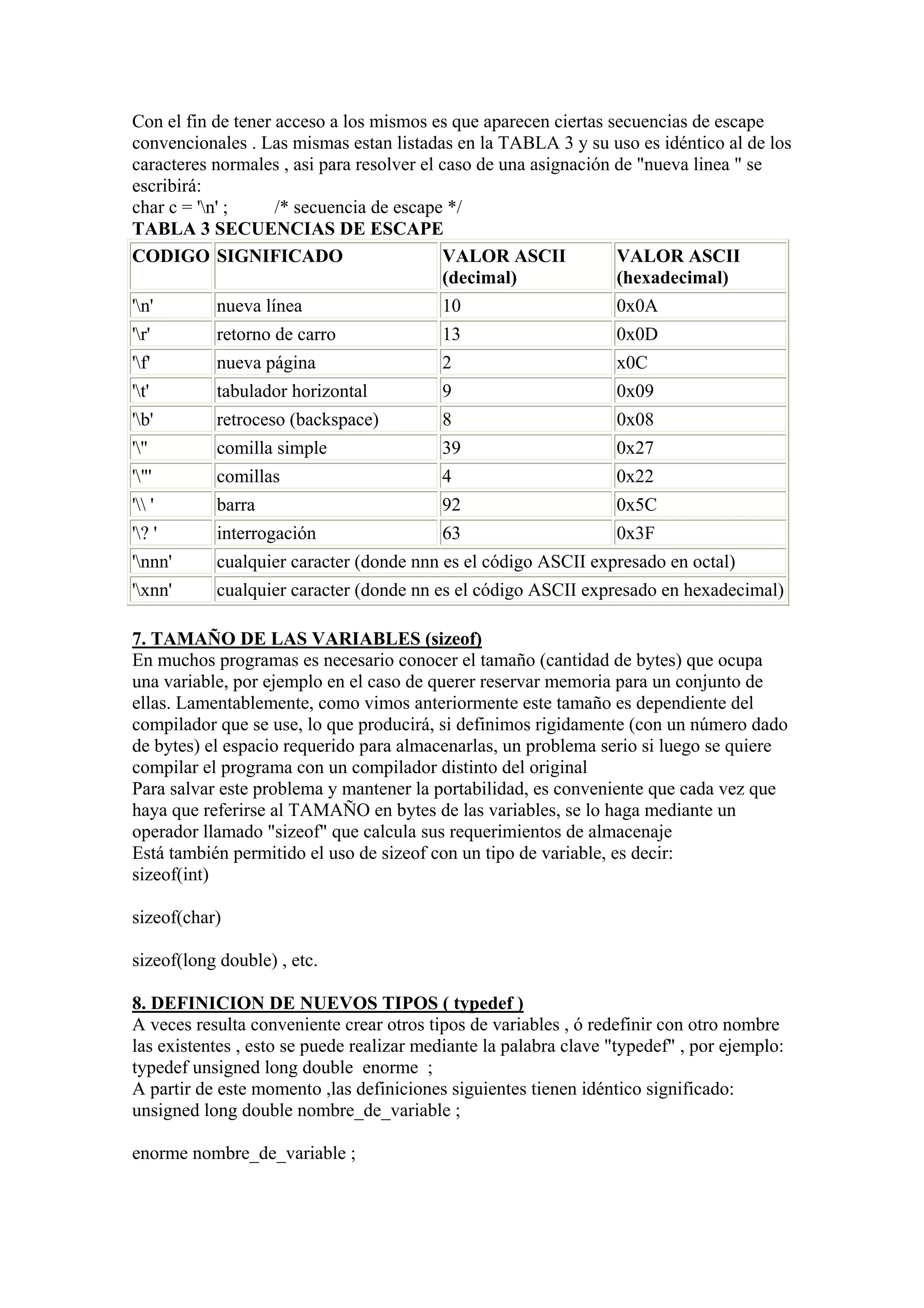 Con el fin de tener acceso a los mismos es que aparecen ciertas secuencias de escape
convencionales . Las mismas estan listadas en la TABLA 3 y su uso es idéntico al de los
caracteres normales , asi para resolver el caso de una asignación de "nueva linea " se
escribirá:
char c = 'n' ;     /* secuencia de escape */
TABLA 3 SECUENCIAS DE ESCAPE
CODIGO SIGNIFICADO                         VALOR ASCII            VALOR ASCII
                                           (decimal)              (hexadecimal)
'n'       nueva línea                    10                      0x0A
'r'       retorno de carro               13                      0x0D
'f'       nueva página                   2                       x0C
't'       tabulador horizontal           9                       0x09
'b'       retroceso (backspace)          8                       0x08
'''       comilla simple                 39                      0x27
'"'       comillas                       4                       0x22
' '      barra                          92                      0x5C
'? '      interrogación                  63                      0x3F
'nnn'     cualquier caracter (donde nnn es el código ASCII expresado en octal)
'xnn'     cualquier caracter (donde nn es el código ASCII expresado en hexadecimal)

7. TAMAÑO DE LAS VARIABLES (sizeof)
En muchos programas es necesario conocer el tamaño (cantidad de bytes) que ocupa
una variable, por ejemplo en el caso de querer reservar memoria para un conjunto de
ellas. Lamentablemente, como vimos anteriormente este tamaño es dependiente del
compilador que se use, lo que producirá, si definimos rigidamente (con un número dado
de bytes) el espacio requerido para almacenarlas, un problema serio si luego se quiere
compilar el programa con un compilador distinto del original
Para salvar este problema y mantener la portabilidad, es conveniente que cada vez que
haya que referirse al TAMAÑO en bytes de las variables, se lo haga mediante un
operador llamado "sizeof" que calcula sus requerimientos de almacenaje
Está también permitido el uso de sizeof con un tipo de variable, es decir:
sizeof(int)

sizeof(char)

sizeof(long double) , etc.

8. DEFINICION DE NUEVOS TIPOS ( typedef )
A veces resulta conveniente crear otros tipos de variables , ó redefinir con otro nombre
las existentes , esto se puede realizar mediante la palabra clave "typedef" , por ejemplo:
typedef unsigned long double enorme ;
A partir de este momento ,las definiciones siguientes tienen idéntico significado:
unsigned long double nombre_de_variable ;

enorme nombre_de_variable ;
 