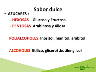 •  AZUCARES	
  :	
  
– HEXOSAS	
  	
  	
  	
  Glucosa	
  y	
  Fructosa	
  
– PENTOSAS	
  	
  Arabinosa	
  y	
  Xilosa	
  
POLIALCOHOLES	
  	
  Inositol,	
  manitol,	
  arabitol	
  	
  
	
  
ALCOHOLES	
  	
  EPlico,	
  glicerol	
  ,bu?lenglicol	
  
Sabor	
  dulce	
  
 