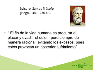 •  “	
  El fin de la vida humana es procurar el
placer y evadir el dolor, pero siempre de
manera racional, evitando los excesos, pues
estos provocan un posterior sufrimiento”
Epicuro	
  	
  Samos	
  ﬁlósofo	
  
griego.	
  	
  	
  341-­‐	
  270	
  a.C.	
  
 