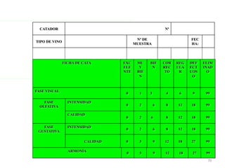 70	
  
CATADOR Nª
TIPO DE VINO
Nº DE
MUESTRA
FEC
HA:
FICHA DE CATA EXC
ELE
NTE
MU
Y
BIE
N
BIE
N
COR
REC
TO
REG
ULA
R
DEF
ECT
UOS
O
ELIM
INAD
O
FASE VISUAL
0 1 3 4 6 9 99
FASE
OLFATIVA
INTENSIDAD
0 2 6 8 12 18 99
CALIDAD
0 2 6 8 12 18 99
FASE
GUSTATIVA
INTENSIDAD
0 2 6 8 12 18 99
CALIDAD 0 3 9 12 18 27 99
ARMONÍA
0 3 9 12 18 27 99
 