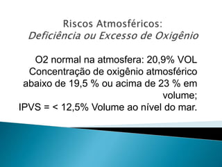 O2 normal na atmosfera: 20,9% VOL
Concentração de oxigênio atmosférico
abaixo de 19,5 % ou acima de 23 % em
volume;
IPVS = < 12,5% Volume ao nível do mar.
 