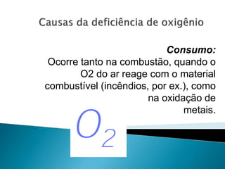 Consumo:
Ocorre tanto na combustão, quando o
O2 do ar reage com o material
combustível (incêndios, por ex.), como
na oxidação de
metais.
 
