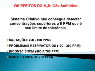 OS EFEITOS DO H2S: Gás Sulfídrico
Sistema Olfativo não consegue detectar
concentrações superiores a 8 PPM que é
seu limite de tolerância.
IRRITAÇÕES (50 - 100 PPM);
PROBLEMAS RESPIRATÓRIOS (100 - 200 PPM);
INCONSCIÊNCIA (500 A 700 PPM);
MORTE (ACIMA DE 700 PPM).
 