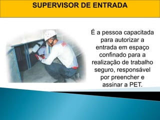 É a pessoa capacitada
para autorizar a
entrada em espaço
confinado para a
realização de trabalho
seguro, responsável
por preencher e
assinar a PET.
SUPERVISOR DE ENTRADA
 