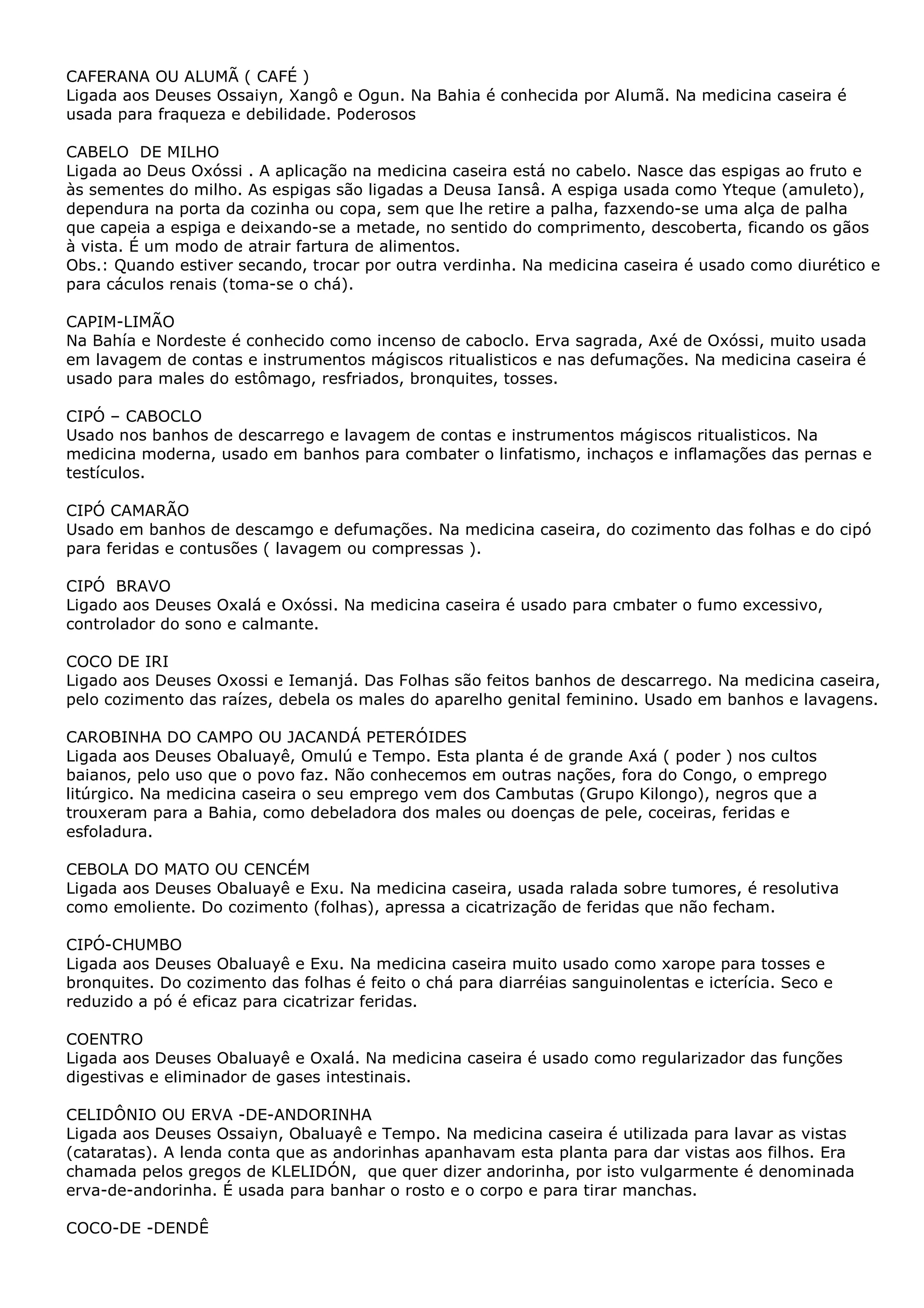 CAFERANA OU ALUMÃ ( CAFÉ )
Ligada aos Deuses Ossaiyn, Xangô e Ogun. Na Bahia é conhecida por Alumã. Na medicina caseira é
usada para fraqueza e debilidade. Poderosos
CABELO DE MILHO
Ligada ao Deus Oxóssi . A aplicação na medicina caseira está no cabelo. Nasce das espigas ao fruto e
às sementes do milho. As espigas são ligadas a Deusa Iansâ. A espiga usada como Yteque (amuleto),
dependura na porta da cozinha ou copa, sem que lhe retire a palha, fazxendo-se uma alça de palha
que capeia a espiga e deixando-se a metade, no sentido do comprimento, descoberta, ficando os gãos
à vista. É um modo de atrair fartura de alimentos.
Obs.: Quando estiver secando, trocar por outra verdinha. Na medicina caseira é usado como diurético e
para cáculos renais (toma-se o chá).
CAPIM-LIMÃO
Na Bahía e Nordeste é conhecido como incenso de caboclo. Erva sagrada, Axé de Oxóssi, muito usada
em lavagem de contas e instrumentos mágiscos ritualisticos e nas defumações. Na medicina caseira é
usado para males do estômago, resfriados, bronquites, tosses.
CIPÓ – CABOCLO
Usado nos banhos de descarrego e lavagem de contas e instrumentos mágiscos ritualisticos. Na
medicina moderna, usado em banhos para combater o linfatismo, inchaços e inflamações das pernas e
testículos.
CIPÓ CAMARÃO
Usado em banhos de descamgo e defumações. Na medicina caseira, do cozimento das folhas e do cipó
para feridas e contusões ( lavagem ou compressas ).
CIPÓ BRAVO
Ligado aos Deuses Oxalá e Oxóssi. Na medicina caseira é usado para cmbater o fumo excessivo,
controlador do sono e calmante.
COCO DE IRI
Ligado aos Deuses Oxossi e Iemanjá. Das Folhas são feitos banhos de descarrego. Na medicina caseira,
pelo cozimento das raízes, debela os males do aparelho genital feminino. Usado em banhos e lavagens.
CAROBINHA DO CAMPO OU JACANDÁ PETERÓIDES
Ligada aos Deuses Obaluayê, Omulú e Tempo. Esta planta é de grande Axá ( poder ) nos cultos
baianos, pelo uso que o povo faz. Não conhecemos em outras nações, fora do Congo, o emprego
litúrgico. Na medicina caseira o seu emprego vem dos Cambutas (Grupo Kilongo), negros que a
trouxeram para a Bahia, como debeladora dos males ou doenças de pele, coceiras, feridas e
esfoladura.
CEBOLA DO MATO OU CENCÉM
Ligada aos Deuses Obaluayê e Exu. Na medicina caseira, usada ralada sobre tumores, é resolutiva
como emoliente. Do cozimento (folhas), apressa a cicatrização de feridas que não fecham.
CIPÓ-CHUMBO
Ligada aos Deuses Obaluayê e Exu. Na medicina caseira muito usado como xarope para tosses e
bronquites. Do cozimento das folhas é feito o chá para diarréias sanguinolentas e icterícia. Seco e
reduzido a pó é eficaz para cicatrizar feridas.
COENTRO
Ligada aos Deuses Obaluayê e Oxalá. Na medicina caseira é usado como regularizador das funções
digestivas e eliminador de gases intestinais.
CELIDÔNIO OU ERVA -DE-ANDORINHA
Ligada aos Deuses Ossaiyn, Obaluayê e Tempo. Na medicina caseira é utilizada para lavar as vistas
(cataratas). A lenda conta que as andorinhas apanhavam esta planta para dar vistas aos filhos. Era
chamada pelos gregos de KLELIDÓN, que quer dizer andorinha, por isto vulgarmente é denominada
erva-de-andorinha. É usada para banhar o rosto e o corpo e para tirar manchas.
COCO-DE -DENDÊ

 