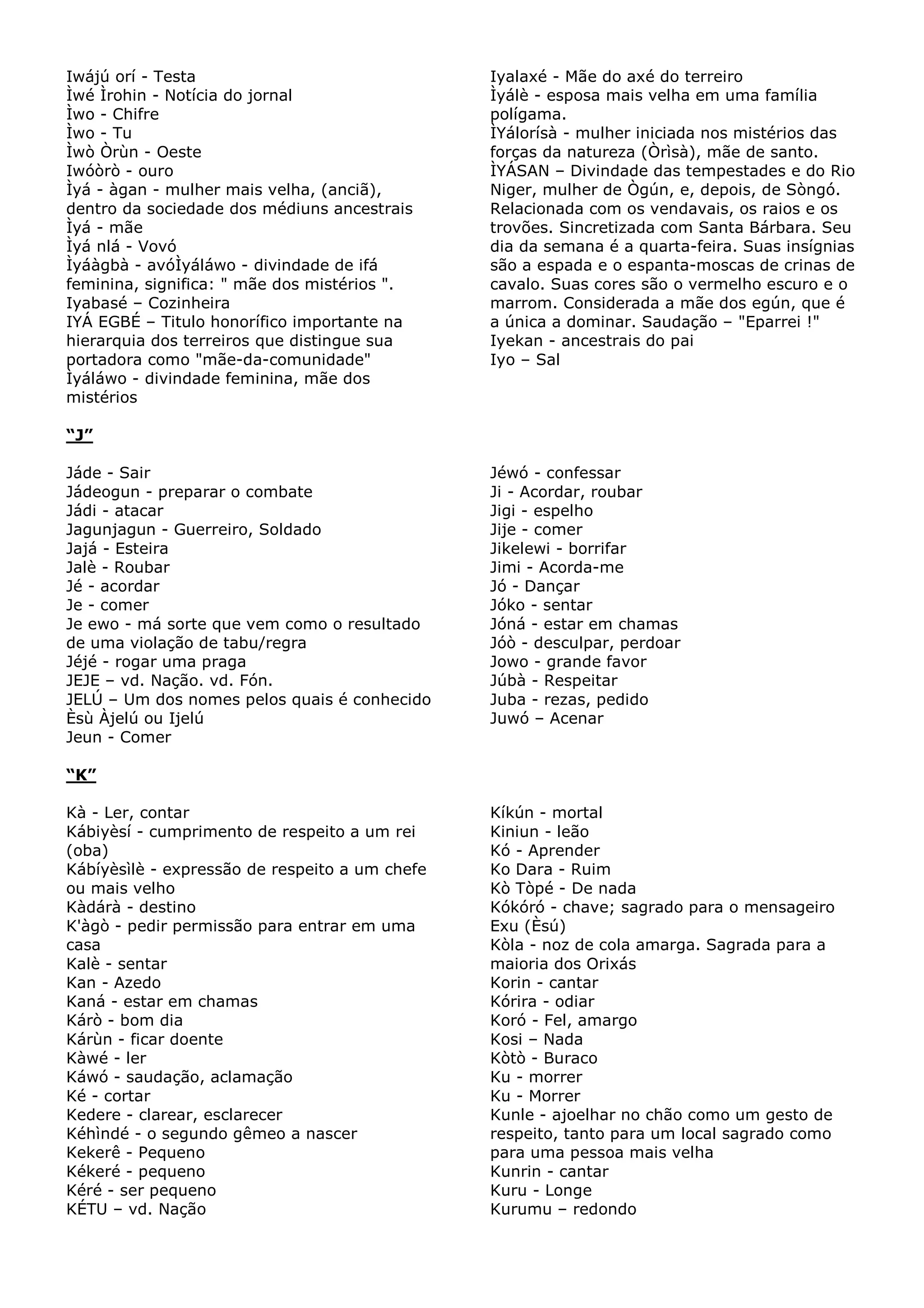 Iwájú orí - Testa
Ìwé Ìrohin - Notícia do jornal
Ìwo - Chifre
Ìwo - Tu
Ìwò Òrùn - Oeste
Iwóòrò - ouro
Ìyá - àgan - mulher mais velha, (anciã),
dentro da sociedade dos médiuns ancestrais
Ìyá - mãe
Ìyá nlá - Vovó
Ìyáàgbà - avóÌyáláwo - divindade de ifá
feminina, significa: " mãe dos mistérios ".
Iyabasé – Cozinheira
IYÁ EGBÉ – Titulo honorífico importante na
hierarquia dos terreiros que distingue sua
portadora como "mãe-da-comunidade"
Ìyáláwo - divindade feminina, mãe dos
mistérios

Iyalaxé - Mãe do axé do terreiro
Ìyálè - esposa mais velha em uma família
polígama.
ÌYálorísà - mulher iniciada nos mistérios das
forças da natureza (Òrìsà), mãe de santo.
ÌYÁSAN – Divindade das tempestades e do Rio
Niger, mulher de Ògún, e, depois, de Sòngó.
Relacionada com os vendavais, os raios e os
trovões. Sincretizada com Santa Bárbara. Seu
dia da semana é a quarta-feira. Suas insígnias
são a espada e o espanta-moscas de crinas de
cavalo. Suas cores são o vermelho escuro e o
marrom. Considerada a mãe dos egún, que é
a única a dominar. Saudação – "Eparrei !"
Iyekan - ancestrais do pai
Iyo – Sal

“J”
Jáde - Sair
Jádeogun - preparar o combate
Jádi - atacar
Jagunjagun - Guerreiro, Soldado
Jajá - Esteira
Jalè - Roubar
Jé - acordar
Je - comer
Je ewo - má sorte que vem como o resultado
de uma violação de tabu/regra
Jéjé - rogar uma praga
JEJE – vd. Nação. vd. Fón.
JELÚ – Um dos nomes pelos quais é conhecido
Èsù Àjelú ou Ijelú
Jeun - Comer

Jéwó - confessar
Ji - Acordar, roubar
Jigi - espelho
Jije - comer
Jikelewi - borrifar
Jimi - Acorda-me
Jó - Dançar
Jóko - sentar
Jóná - estar em chamas
Jóò - desculpar, perdoar
Jowo - grande favor
Júbà - Respeitar
Juba - rezas, pedido
Juwó – Acenar

“K”
Kà - Ler, contar
Kábiyèsí - cumprimento de respeito a um rei
(oba)
Kábíyèsìlè - expressão de respeito a um chefe
ou mais velho
Kàdárà - destino
K'àgò - pedir permissão para entrar em uma
casa
Kalè - sentar
Kan - Azedo
Kaná - estar em chamas
Kárò - bom dia
Kárùn - ficar doente
Kàwé - ler
Káwó - saudação, aclamação
Ké - cortar
Kedere - clarear, esclarecer
Kéhìndé - o segundo gêmeo a nascer
Kekerê - Pequeno
Kékeré - pequeno
Kéré - ser pequeno
KÉTU – vd. Nação

Kíkún - mortal
Kiniun - leão
Kó - Aprender
Ko Dara - Ruim
Kò Tòpé - De nada
Kókóró - chave; sagrado para o mensageiro
Exu (Èsú)
Kòla - noz de cola amarga. Sagrada para a
maioria dos Orixás
Korin - cantar
Kórira - odiar
Koró - Fel, amargo
Kosi – Nada
Kòtò - Buraco
Ku - morrer
Ku - Morrer
Kunle - ajoelhar no chão como um gesto de
respeito, tanto para um local sagrado como
para uma pessoa mais velha
Kunrin - cantar
Kuru - Longe
Kurumu – redondo

 