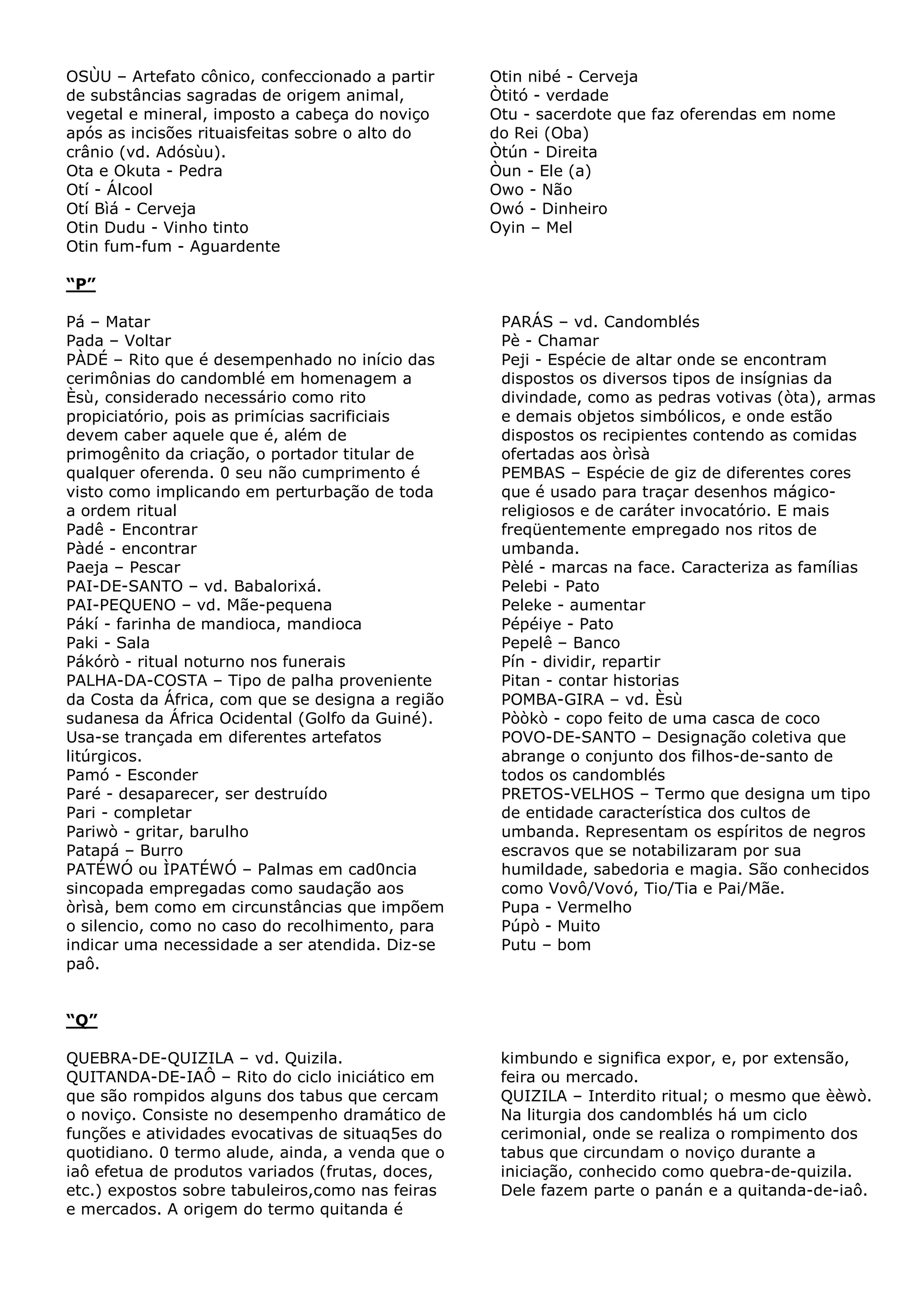OSÙU – Artefato cônico, confeccionado a partir
de substâncias sagradas de origem animal,
vegetal e mineral, imposto a cabeça do noviço
após as incisões rituaisfeitas sobre o alto do
crânio (vd. Adósùu).
Ota e Okuta - Pedra
Otí - Álcool
Otí Bìá - Cerveja
Otin Dudu - Vinho tinto
Otin fum-fum - Aguardente

Otin nibé - Cerveja
Òtitó - verdade
Otu - sacerdote que faz oferendas em nome
do Rei (Oba)
Òtún - Direita
Òun - Ele (a)
Owo - Não
Owó - Dinheiro
Oyin – Mel

“P”
Pá – Matar
Pada – Voltar
PÀDÉ – Rito que é desempenhado no início das
cerimônias do candomblé em homenagem a
Èsù, considerado necessário como rito
propiciatório, pois as primícias sacrificiais
devem caber aquele que é, além de
primogênito da criação, o portador titular de
qualquer oferenda. 0 seu não cumprimento é
visto como implicando em perturbação de toda
a ordem ritual
Padê - Encontrar
Pàdé - encontrar
Paeja – Pescar
PAI-DE-SANTO – vd. Babalorixá.
PAI-PEQUENO – vd. Mãe-pequena
Pákí - farinha de mandioca, mandioca
Paki - Sala
Pákórò - ritual noturno nos funerais
PALHA-DA-COSTA – Tipo de palha proveniente
da Costa da África, com que se designa a região
sudanesa da África Ocidental (Golfo da Guiné).
Usa-se trançada em diferentes artefatos
litúrgicos.
Pamó - Esconder
Paré - desaparecer, ser destruído
Pari - completar
Pariwò - gritar, barulho
Patapá – Burro
PATÉWÓ ou ÌPATÉWÓ – Palmas em cad0ncia
sincopada empregadas como saudação aos
òrìsà, bem como em circunstâncias que impõem
o silencio, como no caso do recolhimento, para
indicar uma necessidade a ser atendida. Diz-se
paô.

PARÁS – vd. Candomblés
Pè - Chamar
Peji - Espécie de altar onde se encontram
dispostos os diversos tipos de insígnias da
divindade, como as pedras votivas (òta), armas
e demais objetos simbólicos, e onde estão
dispostos os recipientes contendo as comidas
ofertadas aos òrìsà
PEMBAS – Espécie de giz de diferentes cores
que é usado para traçar desenhos mágicoreligiosos e de caráter invocatório. E mais
freqüentemente empregado nos ritos de
umbanda.
Pèlé - marcas na face. Caracteriza as famílias
Pelebi - Pato
Peleke - aumentar
Pépéiye - Pato
Pepelê – Banco
Pín - dividir, repartir
Pitan - contar historias
POMBA-GIRA – vd. Èsù
Pòòkò - copo feito de uma casca de coco
POVO-DE-SANTO – Designação coletiva que
abrange o conjunto dos filhos-de-santo de
todos os candomblés
PRETOS-VELHOS – Termo que designa um tipo
de entidade característica dos cultos de
umbanda. Representam os espíritos de negros
escravos que se notabilizaram por sua
humildade, sabedoria e magia. São conhecidos
como Vovô/Vovó, Tio/Tia e Pai/Mãe.
Pupa - Vermelho
Púpò - Muito
Putu – bom

“Q”
QUEBRA-DE-QUIZILA – vd. Quizila.
QUITANDA-DE-IAÔ – Rito do ciclo iniciático em
que são rompidos alguns dos tabus que cercam
o noviço. Consiste no desempenho dramático de
funções e atividades evocativas de situaq5es do
quotidiano. 0 termo alude, ainda, a venda que o
iaô efetua de produtos variados (frutas, doces,
etc.) expostos sobre tabuleiros,como nas feiras
e mercados. A origem do termo quitanda é

kimbundo e significa expor, e, por extensão,
feira ou mercado.
QUIZILA – Interdito ritual; o mesmo que èèwò.
Na liturgia dos candomblés há um ciclo
cerimonial, onde se realiza o rompimento dos
tabus que circundam o noviço durante a
iniciação, conhecido como quebra-de-quizila.
Dele fazem parte o panán e a quitanda-de-iaô.

 