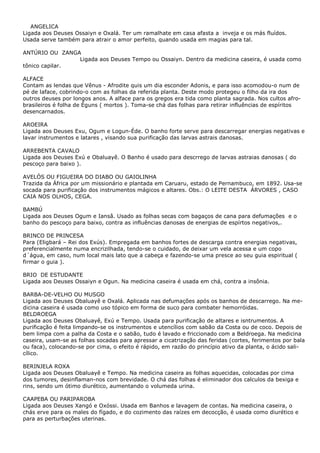 ANGELICA
Ligada aos Deuses Ossaiyn e Oxalá. Ter um ramalhate em casa afasta a inveja e os más fluídos.
Usada serve também para atrair o amor perfeito, quando usada em magias para tal.
ANTÚRIO OU ZANGA
Ligada aos Deuses Tempo ou Ossaiyn. Dentro da medicina caseira, é usada como
tônico capilar.
ALFACE
Contam as lendas que Vênus - Afrodite quis um dia esconder Adonis, e para isso acomodou-o num de
pé de laface, cobrindo-o com as folhas da referida planta. Deste modo protegeu o filho da ira dos
outros deuses por longos anos. A alface para os gregos era tida como planta sagrada. Nos cultos afrobrasileiros é folha de Éguns ( mortos ). Toma-se chá das folhas para retirar influências de espíritos
desencarnados.
AROEIRA
Ligada aos Deuses Exu, Ogum e Logun-Éde. O banho forte serve para descarregar energias negativas e
lavar instrumentos e latares , visando sua purificação das larvas astrais danosas.
ARREBENTA CAVALO
Ligada aos Deuses Exú e Obaluayê. O Banho é usado para descrrego de larvas astraias danosas ( do
pescoço para baixo ).
AVELÓS OU FIGUEIRA DO DIABO OU GAIOLINHA
Trazida da África por um missionário e plantada em Caruaru, estado de Pernambuco, em 1892. Usa-se
socada para purificaçâo dos instrumentos mágicos e altares. Obs.: O LEITE DESTA ÁRVORES , CASO
CAIA NOS OLHOS, CEGA.
BAMBÚ
Ligada aos Deuses Ogum e Iansâ. Usado as folhas secas com bagaços de cana para defumações e o
banho do pescoço para baixo, contra as influências danosas de energias de espírtos negativos,.
BRINCO DE PRINCESA
Para (Eligbará – Rei dos Exús). Empregada em banhos fortes de descarga contra energias negativas,
preferencialmente numa encrizilhada, tendo-se o cuidado, de deixar um vela acessa e um copo
d´água, em caso, num local mais lato que a cabeça e fazendo-se uma presce ao seu guia espiritual (
firmar o guia ).
BRIO DE ESTUDANTE
Ligada aos Deuses Ossaiyn e Ogun. Na medicina caseira é usada em chá, contra a insônia.
BARBA-DE-VELHO OU MUSGO
Ligada aos Deuses Obaluayê e Oxalá. Aplicada nas defumações após os banhos de descarrego. Na medicina caseira é usada como uso tópico em forma de suco para combater hemorróidas.
BELDROEGA
Ligada aos Deuses Obaluayê, Exú e Tempo. Usada para purificação de altares e isntrumentos. A
purificação é feita limpando-se os instrumentos e utencílios com sabão da Costa ou de coco. Depois de
bem limpa com a palha da Costa e o sabão, tudo é lavado e friccionado com a Beldroega. Na medicina
caseira, usam-se as folhas socadas para apressar a cicatrização das feridas (cortes, ferimentos por bala
ou faca), colocando-se por cima, o efeito é rápido, em razão do princípio ativo da planta, o ácido salicílico.
BERINJELA ROXA
Ligada aos Deuses Obaluayê e Tempo. Na medicina caseira as folhas aquecidas, colocadas por cima
dos tumores, desinflaman-nos com brevidade. O chá das folhas é eliminador dos calculos da bexiga e
rins, sendo um ótimo diurético, aumentando o volumeda urina.
CAAPEBA OU PARIPAROBA
Ligada aos Deuses Xangó e Oxóssi. Usada em Banhos e lavagem de contas. Na medicina caseira, o
chás erve para os males do fígado, e do cozimento das raízes em decocção, é usada como diurético e
para as perturbações uterinas.

 