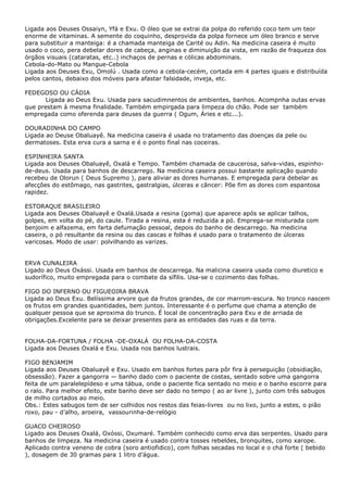 Ligada aos Deuses Ossaiyn, Yfá e Exu. O óleo que se extrai da polpa do referido coco tem um teor
enorme de vitaminas. A semente do coquinho, desprovida da polpa fornece um óleo branco e serve
para substituir a manteiga: é a chamada manteiga de Carité ou Adin. Na medicina caseira é muito
usado o coco, pera debelar dores de cabeça, anginas e diminuição da vista, em razão de fraqueza dos
órgãos visuais (cataratas, etc..) inchaços de pernas e cólicas abdominais.
Cebola-do-Mato ou Mangue-Cebola
Ligada aos Deuses Exu, Omolú . Usada como a cebola-cecém, cortada em 4 partes iguais e distribuída
pelos cantos, debaixo dos móveis para afastar falsidade, inveja, etc.
FEDEGOSO OU CÁDIA
Ligada ao Deus Exu. Usada para sacudimnentos de ambientes, banhos. Acompnha outas ervas
que prestam à mesma finalidade. Também empirgada para limpeza do chão. Pode ser também
empregada como oferenda para deuses da guerra ( Ogum, Áries e etc...).
DOURADINHA DO CAMPO
Ligada ao Deuse Obaluayê. Na medicina caseira é usada no tratamento das doenças da pele ou
dermatoses. Esta erva cura a sarna e é o ponto final nas coceiras.
ESPINHEIRA SANTA
Ligada aos Deuses Obaluayê, Oxalá e Tempo. Também chamada de caucerosa, salva-vidas, espinhode-deus. Usada para banhos de descarrego. Na medicina caseira possui bastante aplicação quando
recebeu de Olorun ( Deus Supremo ), para aliviar as dores humanas. E empregada para debelar as
afecçôes do estômago, nas gastrites, gastralgias, úlceras e câncer: Põe fim as dores com espantosa
rapidez.
ESTORAQUE BRASILEIRO
Ligada aos Deuses Obaluayê e Oxalá.Usada a resina (goma) que aparece após se aplicar talhos,
golpes, em volta do pé, do caule. Tirada a resina, esta é reduzida a pó. Emprega-se misturada com
benjoim e alfazema, em farta defumação pessoal, depois do banho de descarrego. Na medicina
caseira, o pó resultante da resina ou das cascas e folhas é usado para o tratamento de úlceras
varicosas. Modo de usar: polvilhando as varizes.
ERVA CUNALEIRA
Ligado ao Deus Oxássi. Usada em banhos de descarrega. Na malicina caseira usada como diuretico e
sudorífico, muito empregada para o combate da sífilis. Usa-se o cozimento das folhas.
FIGO DO INFERNO OU FIGUEOIRA BRAVA
Ligada ao Deus Exu. Belíssima arvore que da frutos grandes, de cor marrom-escura. No tronco nascem
os frutos em grandes quantidades, bem juntos. Interessante é o perfume que chama a atenção de
qualquer pessoa que se aproxima do trunco. É local de concentração para Exu e de arriada de
obrigações.Excelente para se deixar presentes para as entidades das ruas e da terra.
FOLHA-DA-FORTUNA / FOLHA -DE-OXALÁ OU FOLHA-DA-COSTA
Ligada aos Deuses Oxalá e Exu. Usada nos banhos lustrais.
FIGO BENJAMIM
Ligada aos Deuses Obaluayê e Exu. Usado em banhos fortes para pôr fira à perseguição (obsidiação,
obsessão). Fazer a gangorra — banho dado com o paciente de costas, sentado sobre uma gangorra
feita de um paralelepídeso e uma tábua, onde o paciente fica sentado no meio e o banho escorre para
o ralo. Para melhor efeito, este banho deve ser dado no tempo ( ao ar livre ), junto com três sabugos
de milho cortados ao meio.
Obs.: Estes sabugos tem de ser colhidos nos restos das feias-livres ou no lixo, junto a estes, o pião
roxo, pau - d’alho, aroeira, vassourinha-de-relógio
GUACO CHEIROSO
Ligado aos Deuses Oxalá, Oxóssi, Oxumaré. Também conhecido como erva das serpentes. Usado para
banhos de limpeza. Na medicina caseira é usado contra tosses rebeldes, bronquites, como xarope.
Aplicado contra veneno de cobra (soro antiofidico), com folhas secadas no local e o chá forte ( bebido
), dosagem de 30 gramas para 1 litro d’água.

 