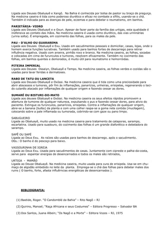 Ligada aos Deuses Obaluayê e Xangô. Na Bahia é conhecida por bolsa de pastor ou braço de preguiça.
Na medicina caseira é tida como poderoso diurético e eficaz no combate a sífilis, usando-se o chá.
Também é indicada para as doenças de pele, eczemas e para debelar o reumatismo, em banhos.
PARIETÁRIA- VIDRO
Ligada aos Deuses Obaluayê e e Oxun. Apesar de fazer parte da família das urtigas, esta qualidade é
inofensiva ao contato das mãos. Na medicina caseira é usada como diurético, das vias urininárias
(urina solta). É empregada, em cozimento das folhas, para os males da pele.
PAU - D’ALHO OU GUARAREMA
Ligada aos Deuses Obaluayê e Exu. Usado em sacudimentos pessoais e domiciliar, casas, lojas, onde o
homem exerce funções lucrativas. Também usado para banhos fortes de descarrego para retirar
influência negativa. Usado com aroeira, pinhão roxo e branco. Na medicina caseira, as folhas, socadas
e colocadas em cima de furunculos e tumores, resolvem eficazmente. Também no cozimento das
folhas, em banhos quentes e demorados, é muito útil para reumatismo e hemorróidas.
PITEIRA IMPERIAL
Ligada aos Deuses Ossaiyn, Obaluayê e Tempo. Na medicina caseira, as folhas verdes e cozidas são o
usadas para lavar feridas e dermatoses.
RABO DE TATU OU LANCETA
Ligada aos Deuses Obaluayê e Oxóssi. Na medicina caseira que é tida como uma preciosidade para
abrir abscessos e tumores, pôr fim às inflamações, panarícios, unheiras, erisipelas, regenerando o tecido cutanêo atacado por inflamações de qualquer origem e fazendo cessar as dores.
SUMARÉ OU BISTURI-DO-MATO
Ligada aos deuses Obaluayê e Oxóssi. Na medicina caseira os seus efeitos rápidos promovem a
abertura de tumores de qualquer natureza, expulsando o pus e fazendo cessar dores, para alivio do
paciente. Extingue os furúnculos, panarícios, erisipelas. Contra a inflamações de qualquer origem,
abre-se a banana (bulbo) da planta e com uma colher raspa-se a goma nela contida (mucilagem),
colocando sobre a pale inflamada ou tumorada, cobrindo-se com gaze ou pano limpo.
SABUGUEIRO
Ligada ao Obaluayê, muito usado na medicina caseira para tratamento de cataporas, sarampo,
escarlatina. Usado para suadouro, do cozimento das folhas é um grande diaforético e debeladora do
sarampo.
SAPÊ OU SAPÉ
Ligada ao Deus Exu. As raízes são usadas para banhos de descarrego. após o sacudimento.
Obs.: O banho é do pescoço para baixo.
VASSOURINHA DE IGREJA
Ligada ao Deus Exu. Usada para sacudimentos de casas. Juntamente com cipreste e palha-da-costa,
serve para espantar energias de desencarnados e todos os males são retirados,
URTIGA - MAMÃO
Ligada ao Deuse Obaluayê. Na medicina caseira, muito usada para cura de erisipela. Usa-se em chumaço de algodão embebido no leite da planta. Emprega-se o chá das folhas para debelar males dos
ruins ( O banho, forte, afasta influêrncias energéticas de desencarnados ).

BIBLIOGRAFIA:
(1) Bastide, Roger. “O Candomblé da Bahia” – Rito Nagô – RJ
(2) Quirino, Manoel; “Raça Africana e seus Costumes“ – Editora Progresso – Salvador BA
(3) Dos Santos, Juana Albein; “Os Nagô e a Morte” – Editora Vozes – RJ, 1975

 
