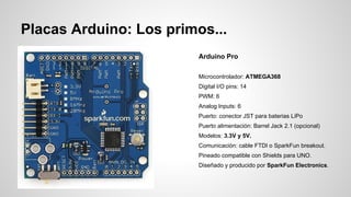 Placas Arduino: Los primos...
Arduino Pro
Microcontrolador: ATMEGA368
Digital I/O pins: 14
PWM: 6
Analog Inputs: 6
Puerto: conector JST para baterias LiPo
Puerto alimentación: Barrel Jack 2.1 (opcional)
Modelos: 3.3V y 5V.
Comunicación: cable FTDI o SparkFun breakout.
Pineado compatible con Shields para UNO.
Diseñado y producido por SparkFun Electronics.

 