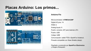 Placas Arduino: Los primos...
Arduino Fio
Microcontrolador: ATMEGA328P
Digital I/O pins: 14
PWM: 6
Analog Inputs: 8
Puerto: conector JST para baterias LiPo
Puerto: USB
Voltaje: 3.3V
Comunicación: cable FTDI o SparkFun breakout.
Pineado compatible con Xbee Shields (abajo)
Diseñado y producido por SparkFun Electronics
y Shigeru Kobayashi
.

 