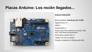 Placas Arduino: Los recién llegados...
Arduino GALILEO
Microcontrolador: Intel Quark SoC X1000
Digital I/O pins: 14
PWM: 6
Analog Inputs: 6
Puertos: Mini PCI-e, Ethernet, microSD, USB
Host, USB cliente (programación)
Alimentación: Barrel Jack 2.1
Voltaje: 3.3V (5V via jumper)
Pineado compatible con Shields para UNO.

 