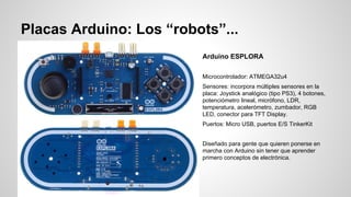Placas Arduino: Los “robots”...
Arduino ESPLORA
Microcontrolador: ATMEGA32u4
Sensores: incorpora múltiples sensores en la
placa: Joystick analógico (tipo PS3), 4 botones,
potenciómetro lineal, micrófono, LDR,
temperatura, acelerómetro, zumbador, RGB
LED, conector para TFT Display.
Puertos: Micro USB, puertos E/S TinkerKit
Diseñado para gente que quieren ponerse en
marcha con Arduino sin tener que aprender
primero conceptos de electrónica.

 