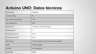 Arduino UNO: Datos técnicos
Microcontroller

ATmega328

Operating Voltage

5V

Input Voltage (recommended)

7-12V

Input Voltage (limits)

6-20V

Digital I/O Pins

14 (of which 6 provide PWM output)

Analog Input Pins

6

DC Current per I/O Pin

40 mA

DC Current for 3.3V Pin

50 mA

Flash Memory

32 KB (ATmega328) of which 0.5 KB used by bootloader

SRAM

2 KB (ATmega328)

EEPROM

1 KB (ATmega328)

Clock Speed

16 MHz

 