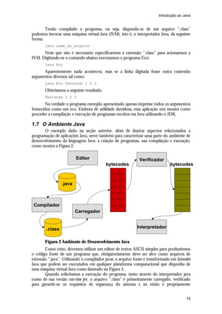 Introdução ao Java

Tendo compilado o programa, ou seja, dispondo-se de um arquivo “.class”
podemos invocar uma máquina virtual Java (JVM), isto é, o interpretador Java, da seguinte
forma:
java nome_do_arquivo

Note que não é necessário especificarmos a extensão “.class” para acionarmos a
JVM. Digitando-se o comando abaixo executamos o programa Eco:
java Eco

Aparentemente nada aconteceu, mas se a linha digitada fosse outra contendo
argumentos diversos tal como:
java Eco Testando 1 2 3

Obteríamos o seguinte resultado:
Testando 1 2 3

Na verdade o programa exemplo apresentado apenas imprime todos os argumentos
fornecidos como um eco. Embora de utilidade duvidosa, esta aplicação nos mostra como
proceder a compilação e execução de programas escritos em Java utilizando o JDK.

1.7 O Ambiente Java
O exemplo dado na seção anterior, além de ilustrar aspectos relacionados a
programação de aplicações Java, serve também para caracterizar uma parte do ambiente de
desenvolvimento da linguagem Java: a criação de programas, sua compilação e execução,
como mostra a Figura 2.

Editor

Verificador
bytecodes

bytecodes

.java

Compilador
Carregador

.class

Interpretador

Figura 2 Ambiente de Desenvolvimento Java
Como visto, devemos utilizar um editor de textos ASCII simples para produzirmos
o código fonte de um programa que, obrigatoriamente deve ser alvo como arquivos de
extensão “.java”. Utilizando o compilador javac o arquivo fonte é transformado em bytecodes
Java que podem ser executados em qualquer plataforma computacional que disponha de
uma máquina virtual Java como ilustrado na Figura 3.
Quando solicitamos a execução do programa, tanto através do interpretador java
como de sua versão run-time jre, o arquivo “.class” é primeiramente carregado, verificado
para garantir-se os requisitos de segurança do sistema e só então é propriamente
13

 