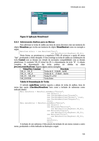 Introdução ao Java

Figura 51 Aplicação MenuDemo2
6.6.3 Adicionando Atalhos para os Menus
Para adicionar-se teclas de atalho aos itens de menu devemos criar um instância do
objeto MenuItem que receba um instância do objeto MenuShortcut como no exemplo a
seguir:
MenuItem miSair = new MenuItem("Sair",
new MenuShortcut(KeyEvent.VK_R));

Desta forma, ao pressionar-se a sequência CTRL+R aciona-se a opção de menu
"Sair", produzindo o efeito desejado. O Java restringe as teclas de atalho as combinações da
tecla Control com as demais em virtude da necessária compatibilidade com as demais
plataformas. A constante VK_R (virtual key R) é a denominação da tecla “R”. A relação
completa da denominação das teclas podem ser obtidas na classe
java.awt.event.KeyEvent. Seguem alguns outros exemplos:
Virtual Key Constant
Descrição
VK_0 .. VK_9
Teclas de 0 .. 9 (0x30 .. 0x39)
VK_A .. VK_Z
Teclas de A. .. Z (0x41 .. 0x5A)
VK_F1 .. VK_F12
Teclas F1 a F12
VK_ENTER
Tecla Enter
Tabela 51 Denominação de Teclas
O método makeMenu também suporta a adição de teclas de atalhos, itens de
menu tipo opção (CheckboxMenuItem) bem como a inclusão de submenus como
indicado abaixo:
Menu menuFonte = MenuTool.makeMenu("Fontes",
new Object[] {
new CheckboxMenuItem("Grande"),
new CheckboxMenuItem("Normal", true),
new CheckboxMenuItem("Pequeno")},
this);
Menu menuEditar = MenuTool.makeMenu("Editar",
new Object[] {
new MenuItem("Recortar",
new MenuShortcut(KeyEvent.VK_X)),
new MenuItem("Copiar",
new MenuShortcut(KeyEvent.VK_C)),
new MenuItem("Colar",
new MenuShortcut(KeyEvent.VK_V)),
null,
menuFonte},
this);

A inclusão de um submenu é feita através da inclusão de um menu comum a outro
menu, produzindo o efeito indicado na ilustração a seguir.

135

 