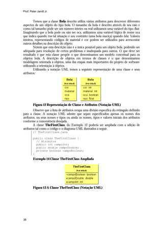 Prof. Peter Jandl Jr.

Temos que a classe Bola descrita utiliza vários atributos para descrever diferentes
aspectos de um objeto do tipo bola. O tamanho da bola é descrito através de seu raio e
como tal tamanho pode ser um número inteiro ou real utilizamos uma variável do tipo float.
Imaginando que a bola pode ou não ser oca, utilizamos uma variável lógica de nome oca
que indica quando true tal situação e seu contrário (uma bola maciça) quando false. Valores
inteiros, representando códigos de material e cor podem ser utilizados para acrescentar
outros detalhes na descrição do objeto.
Notem que esta descrição não é a única possível para um objeto bola, podendo ser
adequada para resolução de certos problemas e inadequada para outros. O que deve ser
ressaltado é que esta classe propõe o que denominamos um modelo conceitual para os
objetos bola. A descrição de objetos em termos de classes é o que denominamos
modelagem orientada à objetos, uma das etapas mais importantes do projeto de software
utilizando a orientação à objetos.
Utilizando a notação UML temos a seguinte representação de uma classe e seus
atributos:

Figura 12 Representação de Classe e Atributos (Notação UML)
Observe que a lista de atributos ocupa uma divisão específica do retângulo definido
para a classe. A notação UML admite que sejam especificados apenas os nomes dos
atributos, ou seus nomes e tipos ou ainda os nomes, tipos e valores iniciais dos atributos
conforme a conveniência desejada.
A classe TheFirstClass, do Exemplo 12 poderia ser ampliada com a adição de
atributos tal como o código e o diagrama UML ilustrados a seguir.
// TheFirstClass.java
public class TheFirstClass {
// Atributos
public int campoInt;
public double campoDouble;
private boolean campoBoolean;
}

Exemplo 14 Classe TheFirstClass Ampliada

Figura 13 A Classe TheFirstClass (Notação UML)

38

 