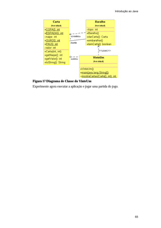 Introdução ao Java

Figura 17 Diagrama de Classe do VinteUm
Experimente agora executar a aplicação e jogar uma partida do jogo.

65

 