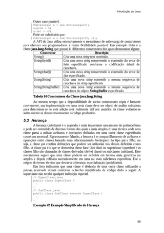 Introdução ao Java

Outro caso possível:
Sobrecarga3 s = new Sobrecarga3();
s.prim = 5;
s.sec = -2;

Pode ser substituído por:
Sobrecarga3 s = new Sobrecarga3(5, -2);

A API do Java utiliza extensivamente o mecanismo de sobrecarga de construtores
para oferecer aos programadores a maior flexibilidade possível. Um exemplo disto é a
classe java.lang.String que possui 11 diferentes construtores dos quais destacamos alguns:
Construtor
Descrição
String()
Cria uma nova string sem conteúdo.
String(byte[])
Cria uma nova string convertendo o conteúdo do vetor de
bytes especificado conforme a codificação default de
caracteres.
String(char[])
Cria uma nova string convertendo o conteúdo do vetor de
char especificado.
String(String)
Cria uma nova string contendo a mesma sequência de
caracteres da string especificada.
String(StringBuffer) Cria uma nova string contendo a mesma sequência de
caracteres do objeto StringBuffer especificado.
Tabela 14 Construtores da Classe java.lang.String
Ao mesmo tempo que a disponibilidade de vários construtores cópia é bastante
conveniente, sua implementação em uma certa classe deve ser objeto de análise cuidadosa
para determinar-se se esta adição será realmente útil aos usuários da classe evitando-se
assim onerar-se desnecessariamente o código produzido.

5.3 Herança
A herança (inheritance) é o segundo e mais importante mecanismo do polimorfismo
e pode ser entendido de diversas formas das quais a mais simples é: uma técnica onde uma
classe passa a utilizar atributos e operações definidas em uma outra classe especificada
como seu ancestral. Rigorosamente falando, a herança é o compartilhamento de atributos e
operações entre classes baseado num relacionamento hierárquico do tipo pai e filho, ou
seja, a classe pai contêm definições que podem ser utilizadas nas classes definidas como
filho. A classe pai é o que se denomina classe base (base class) ou superclasse (superclass) e as
classes filho são chamadas de classes derivadas (derived classes) ou subclasses (subclasses). Este
mecanismos sugere que uma classe poderia ser definida em termos mais genéricos ou
amplos e depois refinada sucessivamente em uma ou mais subclasses específicas. Daí o
origem do termo técnico que descreve a herança: especialização (specialization).
Em Java indicamos que uma classe é derivada de uma outra classe utilizando a
palavra reservada extends conforme o trecho simplificado de código dado a seguir: A
superclasse não recebe qualquer indicação especial.
// SuperClass.java
public class SuperClass {
M
}
// SubClass.java
public class SubClass extends SuperClass {
M
}

Exemplo 42 Exemplo Simplificado de Herança

69

 