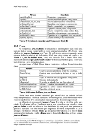 Prof. Peter Jandl Jr.

Método
paint(Graphics)
repaint()
setBounds(int, int, int, int)
setCursor(Cursor)
setEnabled(Boolean)
setFont(Font)
setLocation(int, int)
setSize(int, int)
setVisible(Boolean)
update(Graphics)

Descrição
Renderiza o componente.
Atualiza a renderização do componente.
Move e redimensiona o componente.
Especifica o cursor para o componente.
Habilita ou desabilita o componente.
Especifica o fonte para o componente.
Move o componente para a posição dada.
Especifica o tamanho para o componente.
Especifica se o componente é ou não visível.
Atualiza a exibição do componente.

Tabela 19 Métodos da classe java.awt.Component (Parte B)
6.3.1 Frame
O componente java.awt.Frame é uma janela do sistema gráfico que possui uma
barra de título e bordas, comportando-se como uma janela normal da GUI. Como é uma
subclasse do java.awt.Container (veja Figura 25) pode conter outros componentes sendo
esta sua finalidade principal. O alinhamento default para componentes adicionados a um
Frame é o java.awt.BorderLayout, como será discutido mais a frente. Além disso,
implementa a interface java.awt.MenuContainer de forma que também possa conter uma
barra de menus e seus menus associados.
A seguir temos a Tabela 20 que lista os construtores e alguns dos métodos desta
classe:
Método
Descrição
Frame()
Constrói uma nova instância, invisível e sem título.
Frame(String)
Constrói uma nova instância, invisível e com o título
dado.
dispose()
Libera os recursos utilizados por este componente.
getTitle()
Obtêm o título da janela.
isResizable()
Determina se a janela é ou não dimensionável.
setMenuBa(MenuBar)
Adiciona a barra de menu especificada a janela.
setResizable(Boolean)
Especifica se a janela é ou não dimensionável.
setTitle(String)
Especifica o título da janela.
Tabela 20 Métodos da Classe java.awt.Frame
Nesta classe ainda existem constantes1 para especificação de diversos cursores
como exemplificado na Tabela 21. Verifique a documentação do Java a existência de outros
cursores cujo formato deve ser consultado na documentação do sistema operacional.
A utilização do componente java.awt.Frame determina a estratégia básica para
criação de aplicações gráficas. Usualmente cria-se uma nova classe que estende a classe
java.awt.Frame e com isto obtêm-se duas facilidades: (i) uma janela para apresentação
gráfica da aplicação e (ii) um container para disposição de outros componentes GUI da
aplicação. Na classe do primeiro Frame que desejamos exibir adiciona-se o método main
responsável por instanciar e exibir o Frame através do método show (que pertence a classe
java.awt.Window).
1

Como será notado, a atual API do Java peca na denominação de constantes. Embora a recomendação
seja de nomes escritos exclusivamente com maiúsculas, constantes presentes em outras classes nem
sempre respeitam esta regra.

86

 