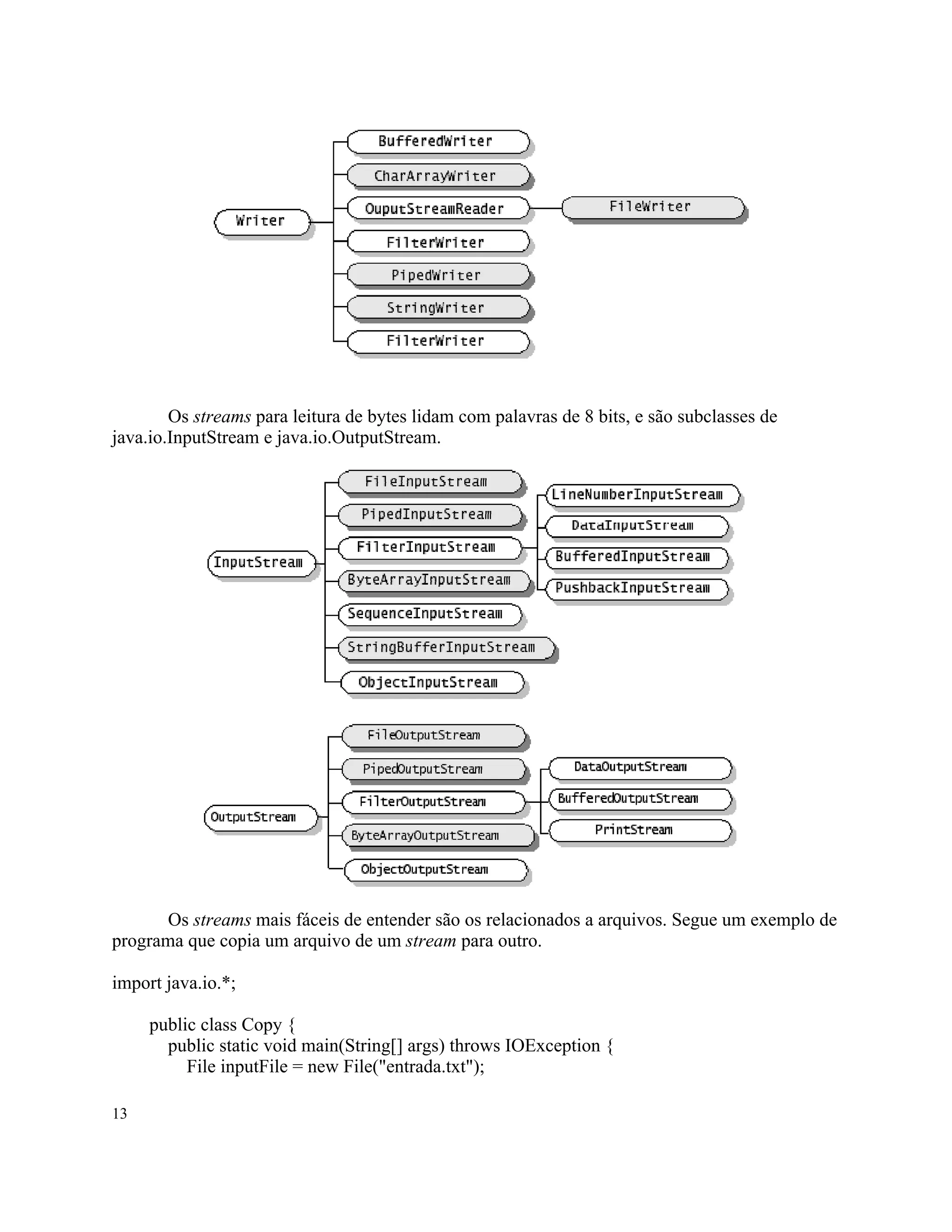 Os streams para leitura de bytes lidam com palavras de 8 bits, e são subclasses de
java.io.InputStream e java.io.OutputStream.




       Os streams mais fáceis de entender são os relacionados a arquivos. Segue um exemplo de
programa que copia um arquivo de um stream para outro.

import java.io.*;

     public class Copy {
       public static void main(String[] args) throws IOException {
          File inputFile = new File("entrada.txt");

13
 