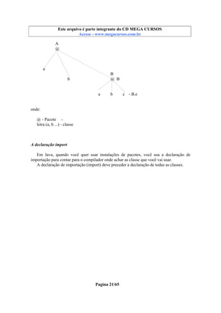 Este arquivo compõe a coletânea STC
Este arquivo é parte integrante do CD MEGA CURSOS
www.trabalheemcasaoverdadeiro.com.br
Acesse - www.megacursos.com.br

A
@

a
B
@ B

b

a

b

c - B.e

onde:
@ - Pacote letra (a, b ...) - classe

A declaração import
Em Java, quando você quer usar instalações de pacotes, você usa a declaração de
importação para contar para o compilador onde achar as classe que você vai usar.
A declaração de importação (import) deve preceder a declaração de todas as classes.

Pagina 21/65

 