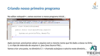Criando nosso primeiro programa
No editor notepad++, vamos escrever o nosso programa inicial...
Após escrever, precisamos salvar o arquivo com o mesmo nome que foi dado a classe na linha
1, e o tipo de extensão de arquivo é .java (Java Source File)...
Vamos criar uma pasta, no diretório C: > chamada aulasjava e salvá-lo neste diretório...
 