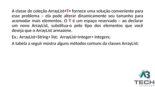A classe de coleção ArrayList<T> fornece uma solução conveniente para
esse problema – ela pode alterar dinamicamente seu tamanho para
acomodar mais elementos. O T é um espaço reservado – ao declarar
um novo ArrayList, substitua-o pelo tipo dos elementos que você
deseja que o ArrayList armazene.
Ex.: ArrayList<String> list; ArrayList<Integer> integers;
A tabela a seguir mostra alguns métodos comuns da classes ArrayList:
 