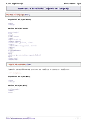 Curso de JavaScript                                                             Lola Cárdenas Luque

               Referencia abreviada: Objetos del lenguaje

Objetos del lenguaje: String


 Propiedades del objeto String

 length
 prototype

 Métodos del objeto String

 anchor(nombre)
 big()
 blink()
 charAt(indice)
 fixed()
 fontcolor(color)
 fontsize(tamaño)
 indexOf(cadena_buscada, indice)
 italics()
 lastIndexOf(cadena_buscada, indice)
 link(URL)
 small()
 split(separador)
 strike()
 sub()
 substring(primer_Indice, segundo_Indice)
 sup()
 toLowerCase()
 toUpperCase()


 Objetos del lenguaje: Array


 Para poder usar un objeto array, tendremos que crearlo con su constructor, por ejemplo:

 a=new Array(15);

 Propiedades del objeto Array

 length
 prototype

 Métodos del objeto Array

 join(separador)
 reverse()
 sort()




http://rinconprog.metropoli2000.com                                                         - 111 -
 