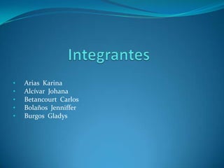 • Arias Karina
• Alcívar Johana
• Betancourt Carlos
• Bolaños Jenniffer
• Burgos Gladys
 