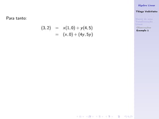 Álgebra Linear

                                                 Thiago VedoVatto

Para tanto:                                      Matriz de uma
                                                 Transformação
                                                 Linear
              (3, 2) =   x   (1, 0) + y (4, 5)    Observações
                                                  Exemplo 1
                    =    (x , 0) + (4y , 5y )
 
