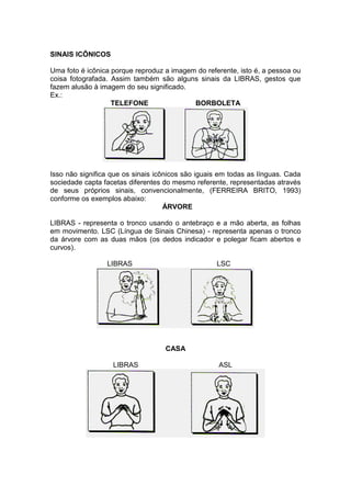 SINAIS ICÔNICOS
Uma foto é icônica porque reproduz a imagem do referente, isto é, a pessoa ou
coisa fotografada. Assim também são alguns sinais da LIBRAS, gestos que
fazem alusão à imagem do seu significado.
Ex.:
TELEFONE BORBOLETA
Isso não significa que os sinais icônicos são iguais em todas as línguas. Cada
sociedade capta facetas diferentes do mesmo referente, representadas através
de seus próprios sinais, convencionalmente, (FERREIRA BRITO, 1993)
conforme os exemplos abaixo:
ÁRVORE
LIBRAS - representa o tronco usando o antebraço e a mão aberta, as folhas
em movimento. LSC (Língua de Sinais Chinesa) - representa apenas o tronco
da árvore com as duas mãos (os dedos indicador e polegar ficam abertos e
curvos).
LIBRAS LSC
CASA
LIBRAS ASL
 