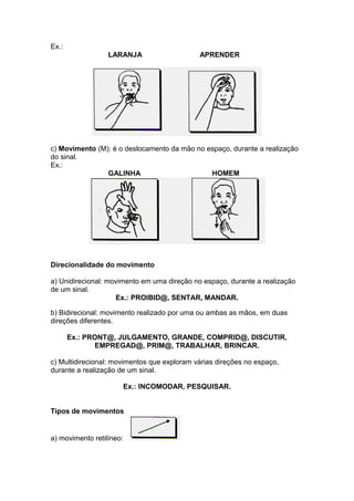 Ex.:
LARANJA APRENDER
c) Movimento (M): é o deslocamento da mão no espaço, durante a realização
do sinal.
Ex.:
GALINHA HOMEM
Direcionalidade do movimento
a) Unidirecional: movimento em uma direção no espaço, durante a realização
de um sinal.
Ex.: PROIBID@, SENTAR, MANDAR.
b) Bidirecional: movimento realizado por uma ou ambas as mãos, em duas
direções diferentes.
Ex.: PRONT@, JULGAMENTO, GRANDE, COMPRID@, DISCUTIR,
EMPREGAD@, PRIM@, TRABALHAR, BRINCAR.
c) Multidirecional: movimentos que exploram várias direções no espaço,
durante a realização de um sinal.
Ex.: INCOMODAR, PESQUISAR.
Tipos de movimentos
a) movimento retilíneo:
 