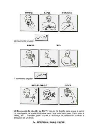 SURD@ SAP@ CORAGEM
e) movimento sinuoso:
BRASIL RIO
f) movimento angular:
RAIO ELÉTRICO DIFÍCIL
d) Orientação de mão (Or ou Om?): trata-se da direção para a qual a palma
da mão aponta na produção do sinal, para cima, para baixo, para o lado, para a
frente, etc. . Também pode ocorrer a mudança de orientação durante a
execução de um sinal.
Ex.: MONTANHA, BAIX@, FRITAR.
 