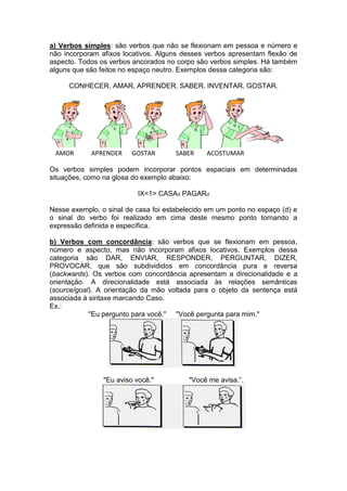 a) Verbos simples: são verbos que não se flexionam em pessoa e número e
não incorporam afixos locativos. Alguns desses verbos apresentam flexão de
aspecto. Todos os verbos ancorados no corpo são verbos simples. Há também
alguns que são feitos no espaço neutro. Exemplos dessa categoria são:
CONHECER, AMAR, APRENDER, SABER, INVENTAR, GOSTAR.
AMOR APRENDER GOSTAR SABER ACOSTUMAR
Os verbos simples podem incorporar pontos espaciais em determinadas
situações, como na glosa do exemplo abaixo:
IX<1> CASAd PAGARd
Nesse exemplo, o sinal de casa foi estabelecido em um ponto no espaço (d) e
o sinal do verbo foi realizado em cima deste mesmo ponto tornando a
expressão definida e específica.
b) Verbos com concordância: são verbos que se flexionam em pessoa,
número e aspecto, mas não incorporam afixos locativos. Exemplos dessa
categoria são DAR, ENVIAR, RESPONDER, PERGUNTAR, DIZER,
PROVOCAR, que são subdivididos em concordância pura e reversa
(backwards). Os verbos com concordância apresentam a direcionalidade e a
orientação. A direcionalidade está associada às relações semânticas
(source/goal). A orientação da mão voltada para o objeto da sentença está
associada à sintaxe marcando Caso.
Ex.:
"Eu pergunto para você." "Você pergunta para mim."
"Eu aviso você." "Você me avisa.”.
 