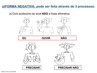 a) Com acréscimo do sinal  NÃO  à frase afirmativa PRECISAR PRECISAR NÃO a)FORMA NEGATIVA:  pode ser feita através de 3 processos: Usado por Ana Lúcia-Set/2009 EU   OUVIR  NÃO 