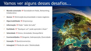 Mundo conectado  Sociedade em Rede, Networking,
Colaborativo
 Acesso  Diminuição da privacidade e novos negócios
 Hipermobilidade  Onipresença
 Informação  Poder “saber de tudo”
 Facilidade  “Qualquer um” pode aprender e fazer”
 Velocidade  Stress, Ansiedade, Desequilíbrio
 Funcionalidades  Desgaste, Sobreposição, Diversidade
 Inovação  Questionamentos
 Intangível  Perda de valor / Relatividade
Vamos ver alguns desses desafios...
 