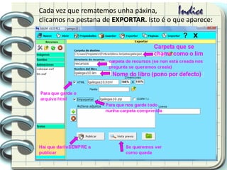 Cada vez que rematemos unha páxina,
clicamos na pestana de EXPORTAR. Isto é o que aparece:
 