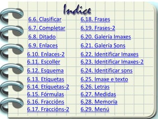 6.6. Clasificar
6.7. Completar
6.8. Ditado
6.9. Enlaces
6.10. Enlaces-2
6.11. Escoller
6.12. Esquema
6.13. Etiquetas
6.14. Etiquetas-2
6.15. Fórmulas
6.16. Fraccións
6.17. Fraccións-2
6.18. Frases
6.19. Frases-2
6.20. Galería Imaxes
6.21. Galería Sons
6.23. Identificar Imaxes-2
6.22. Identificar Imaxes
6.25. Imaxe e texto
6.24. Identificar sons
6.26. Letras
6.27. Medidas
6.28. Memoria
6.29. Menú
 