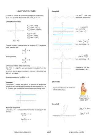 todaamatematica.com pág 9 engenhariae.com.br
LIMITES NO INFINITO
Quando os valores de x crescem sem parar, escrevemos
x  + . Quando decrescem sem parar, x  − .
Limites fundamentais
𝑓(x) =
1
x
E1(−10 ; −0,1)
E2(−100 ; −0,01)
E3(−1000 ; −0,001)
D1(10 ; 0,1)
D2(100 ; 0,01)
D3(1000 ; 0,001)
Quando x cresce cada vez mais, as imagens 𝑓(x) tendem a
zero. Dizemos que
lim
1
x
x  +
= 0
Analogamente,
lim
1
x
x  −
= 0
Limites no infinito (informalmente)
lim 𝑓(x)
x  +
= L significa que que os valores de 𝑓(x) ficam tão
próximos quanto quisermos de um número L à medida que
x cresce sem parar.
Analogamente com lim 𝑓(x)
x  −
= L.
Exemplo 1
Conforme x cresce sem parar, os pontos do gráfico da
função ficam cada vez mais próximos da reta horizontal y =
3. Dizemos que essa é uma assíntota horizontal do gráfico.
Assíntota horizontal
Uma reta y = L é uma assíntota horizontal se vale algum dos
limites:
lim 𝑓(x)
x  +
= L
lim 𝑓(x)
x  −
= L
Exemplo 2
y = sen(x) não tem
assíntotas horizontais.
y = arctan(x)
tem assíntota
y =
π
2
e y = −
π
2
𝑓(x) = (1 +
1
x
)
x
tem assíntota y = e.
𝑓(x) =
sen(x)
x
tem assíntota y = 0.
A função y = C tem
assíntota em y = C.
Observação
O precursor da ideia de limite no
infinito é Mādhava.
Mādhava de
Sangamagrama
(1350 - 1425
Exemplo 3
lim
x  +
ex
= +∞
lim
x  −
ex
= 0
 